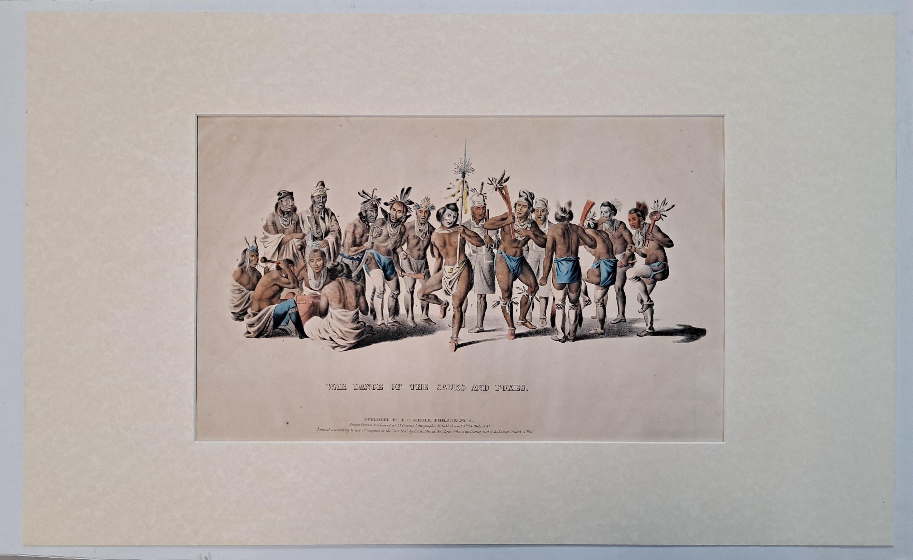 Thomas L. McKenney Figurative Print - War Dance of the Sauks and Foxes Hand Colored Lithograph C.1837