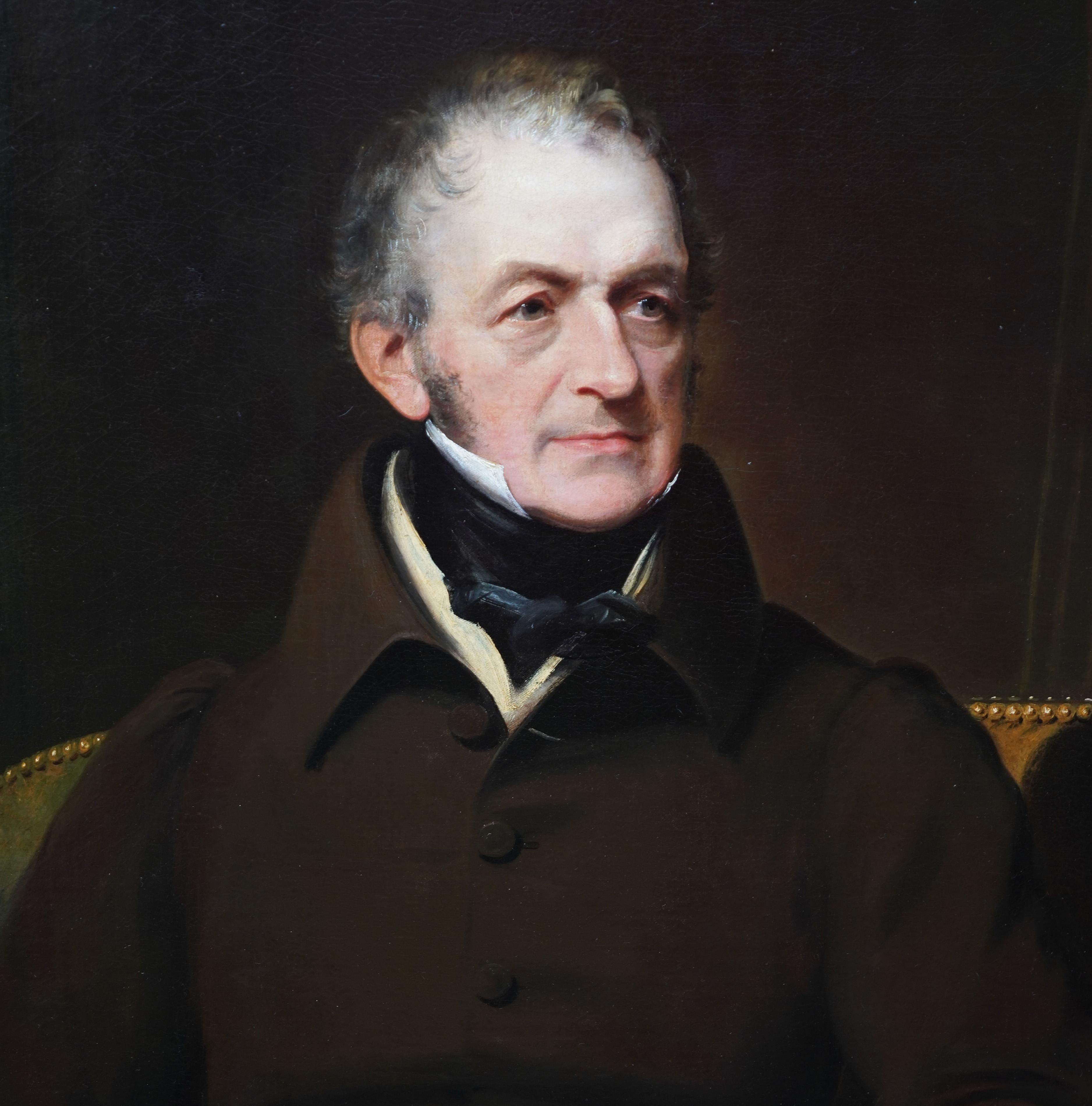 This striking British 19th century portrait oil painting is attributed to the circle of Sir Thomas Lawrence. Painted circa 1820 it is the portrait of a seated gentleman in a brown high collared coat. The detail in his face is fantastic. The interior