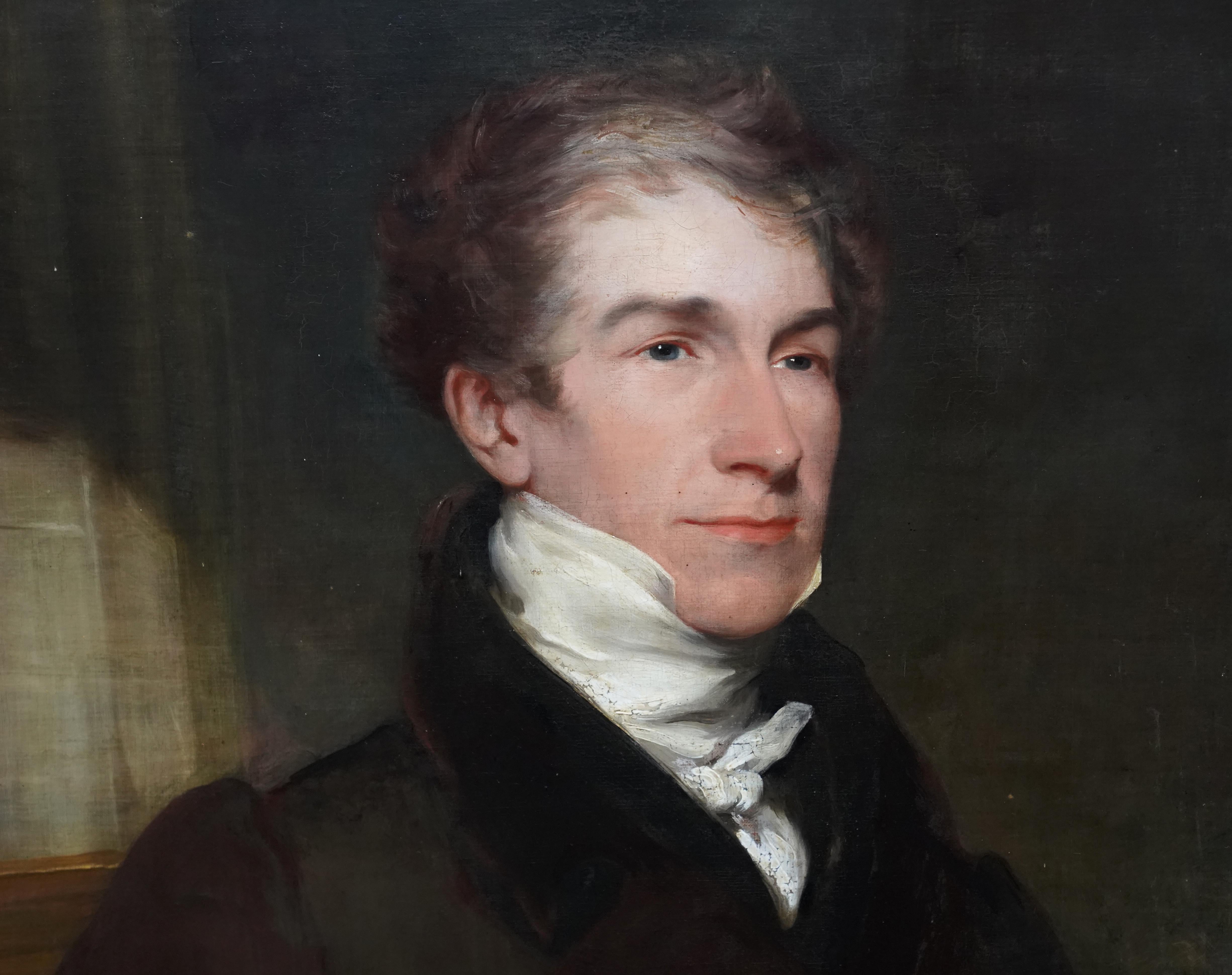 Ce superbe portrait victorien à l'huile est attribué au cercle de Thomas Lawrence.   Peint vers 1836, le modèle est William Henry Cooper, de Pains Hill, Cobham, Surrey et High Sherriff en 1836. Sa femme, Harriet, a également été peinte par