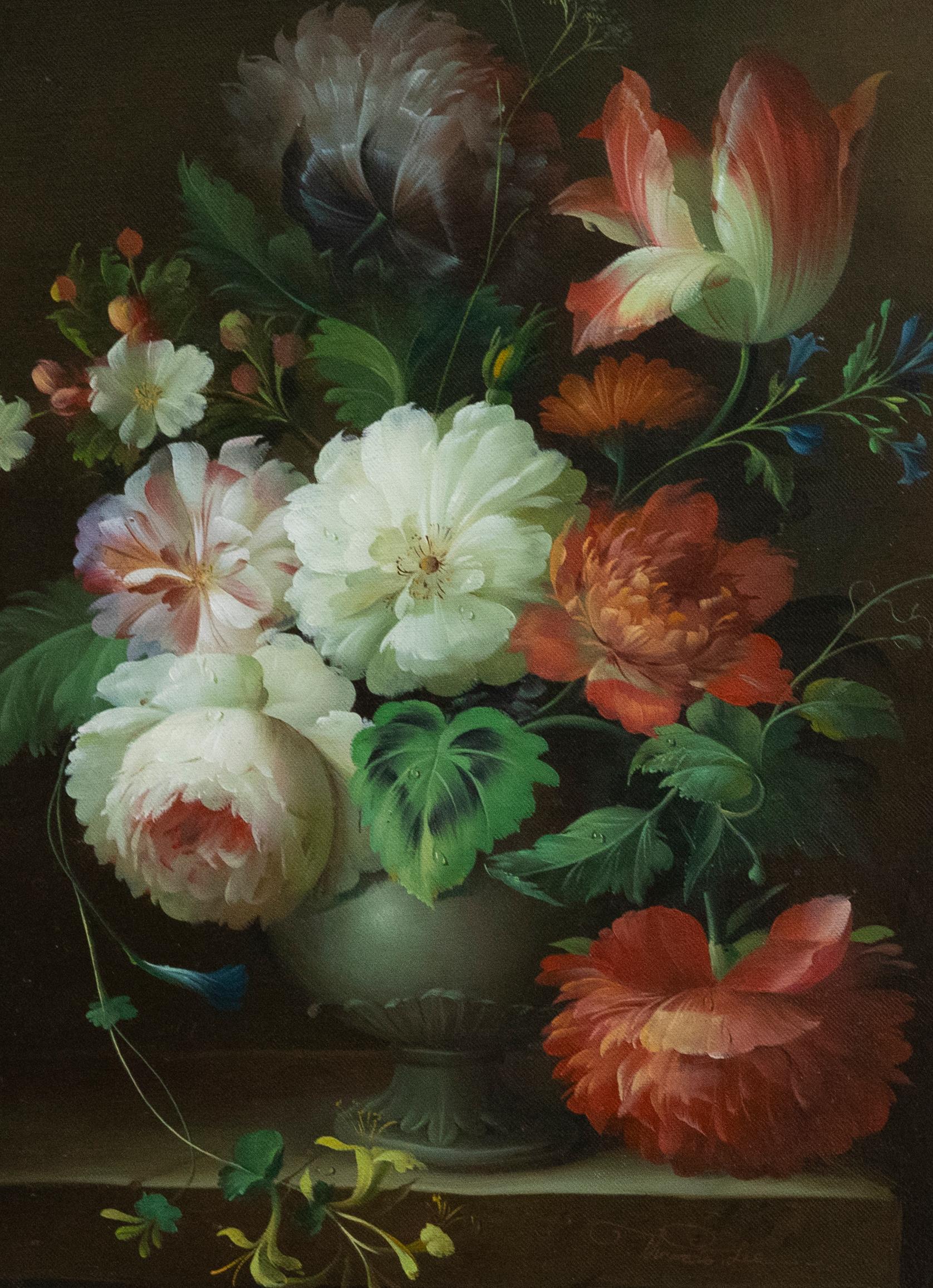 Thomas Lee - Framed 20th Century Oil, Still Life of Peonies - Painting by Thomas Lee (Artist)