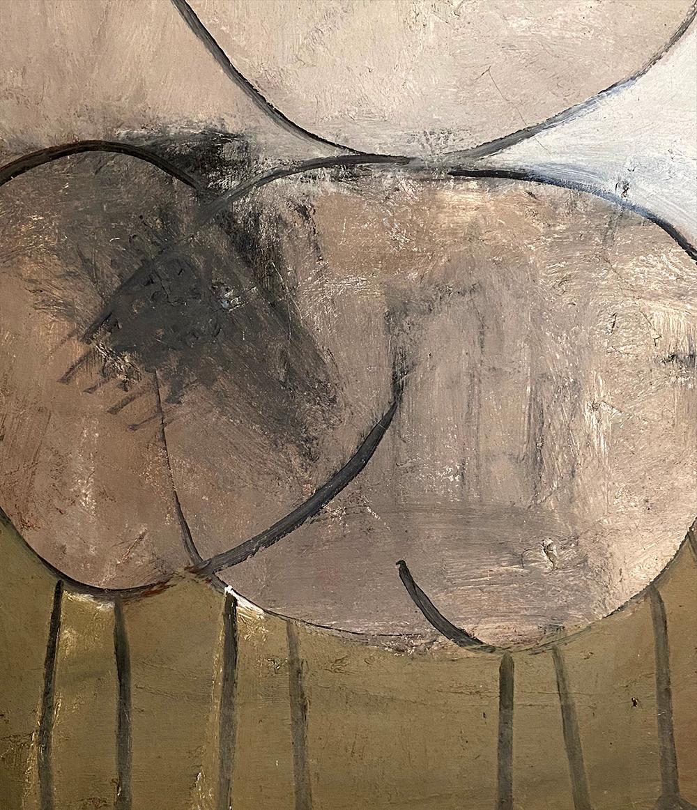 1960s abstract animalia painting by artist Thomas Leyland beautifully paired with a 19th Century antique gilded frame. Minimalist in overall appearance with a nod to naive art. Quite the masterpiece. 