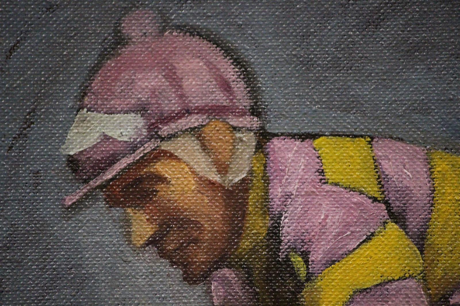 Classic acrylic on canvas depicting a jockey 'up' in lilac & yellow stripe silks signed 'Leyland' (LL) 

Art Sz: 9 1/2