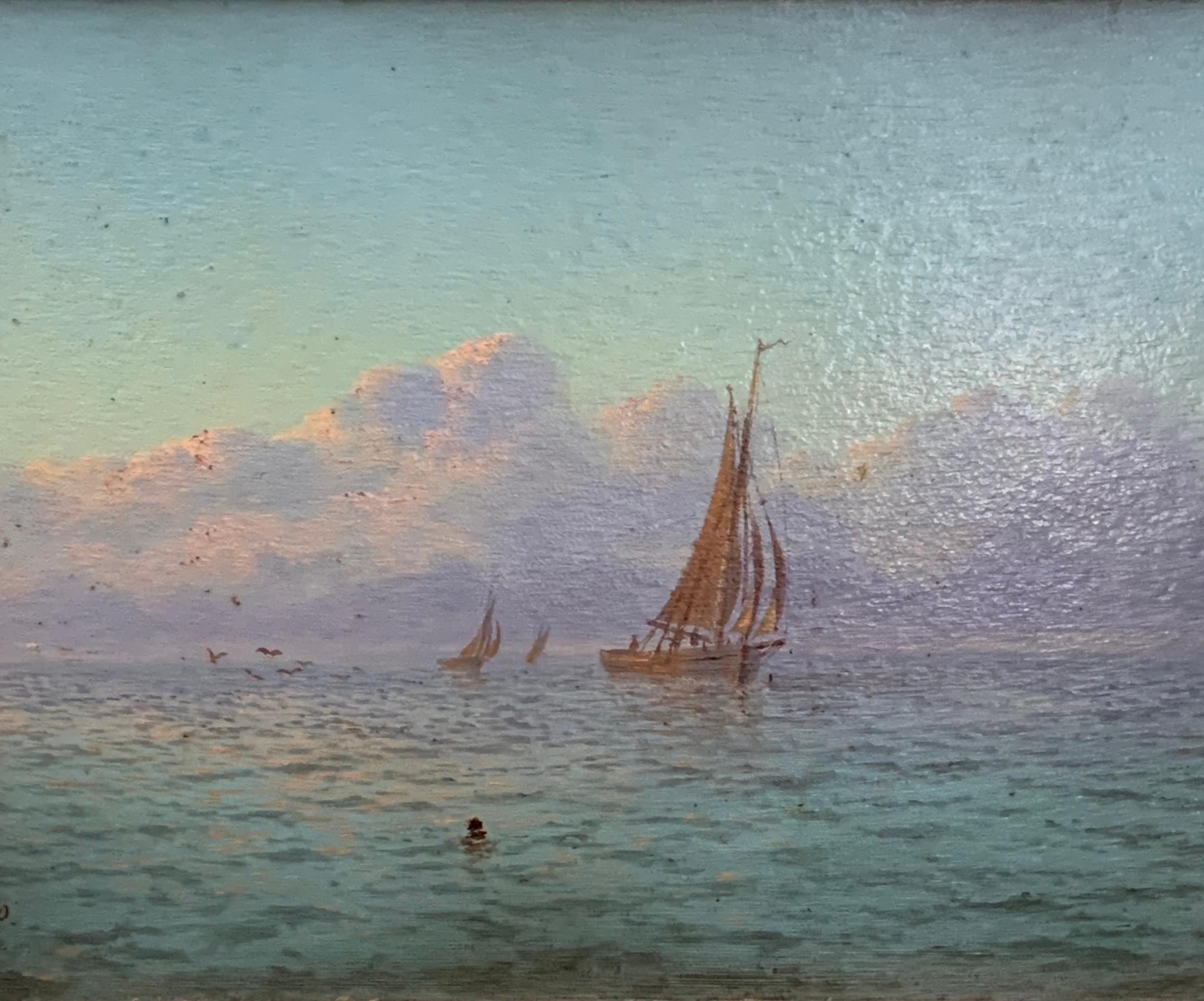 English Victorian 19th century Marine scene with fishing boats sunrise at sea. - Painting by Thomas Lucop