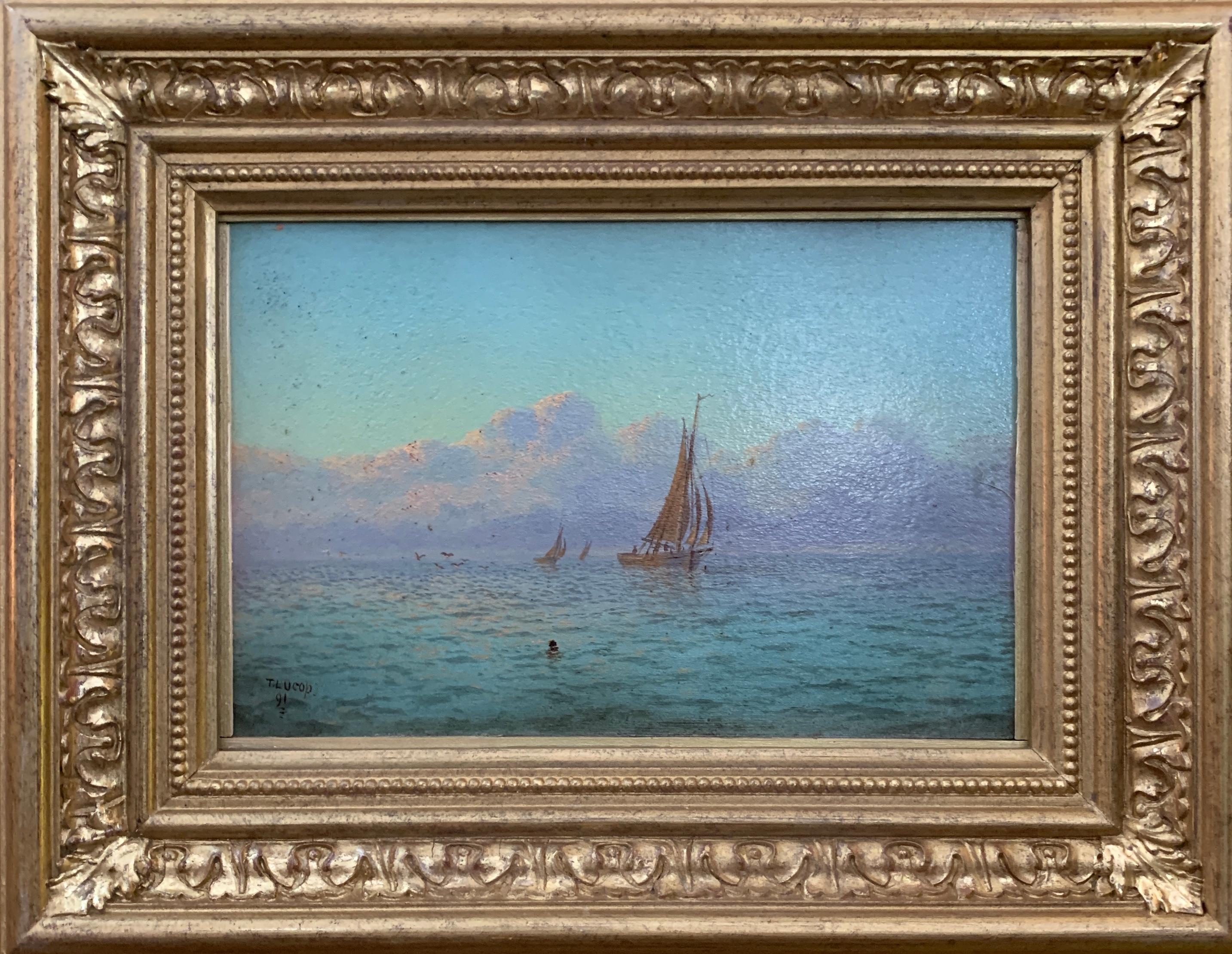 Landscape Painting Thomas Lucop - Scène marine anglaise victorienne du XIXe siècle avec des bateaux de pêche au lever du soleil en mer.