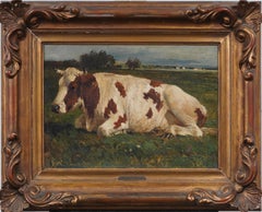 Antique European Realist Cow Portrait Giltwood Framed Landscape Oil Painting