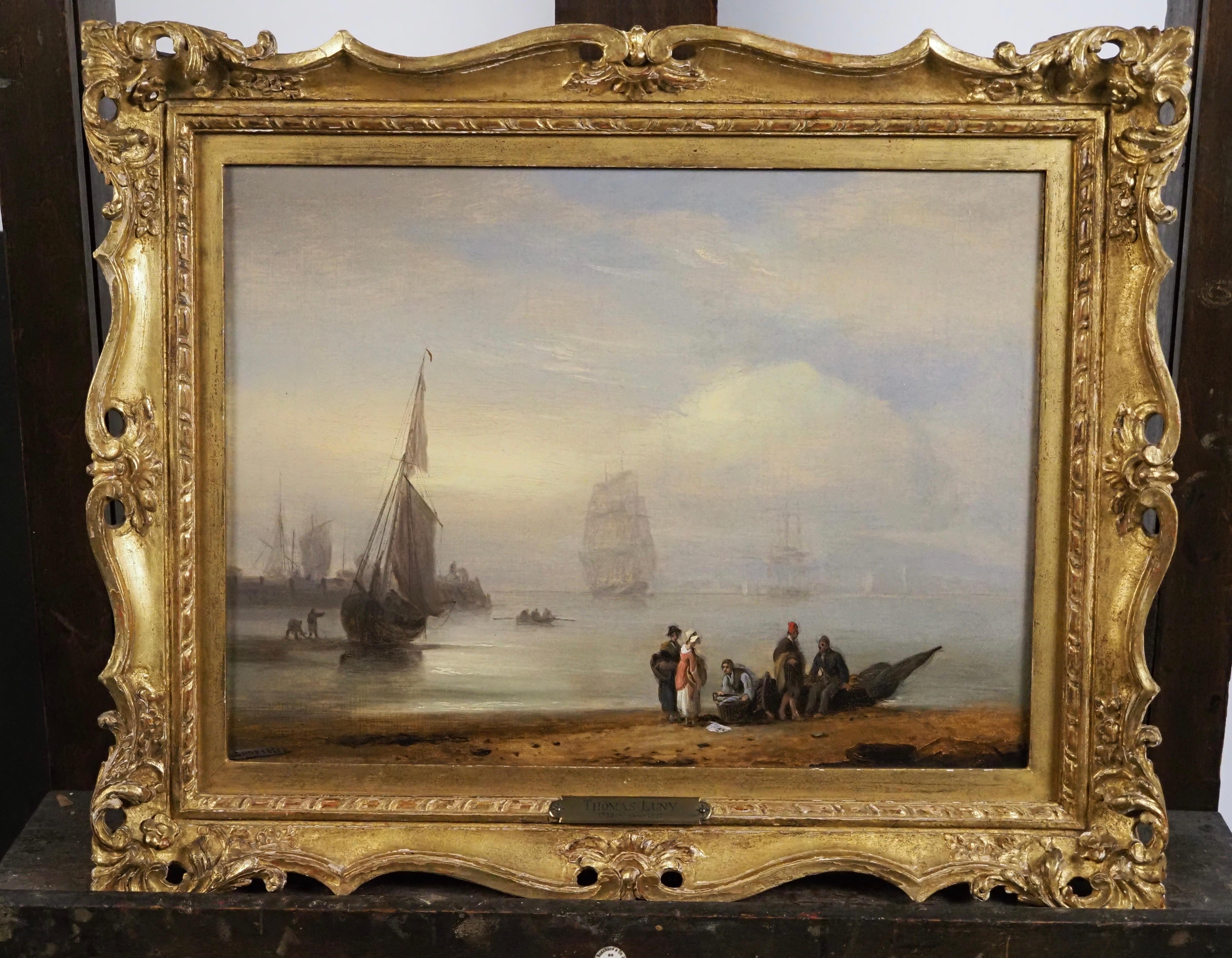 A fishing vessels at rest in harbour - Victorian Painting by Thomas Luny