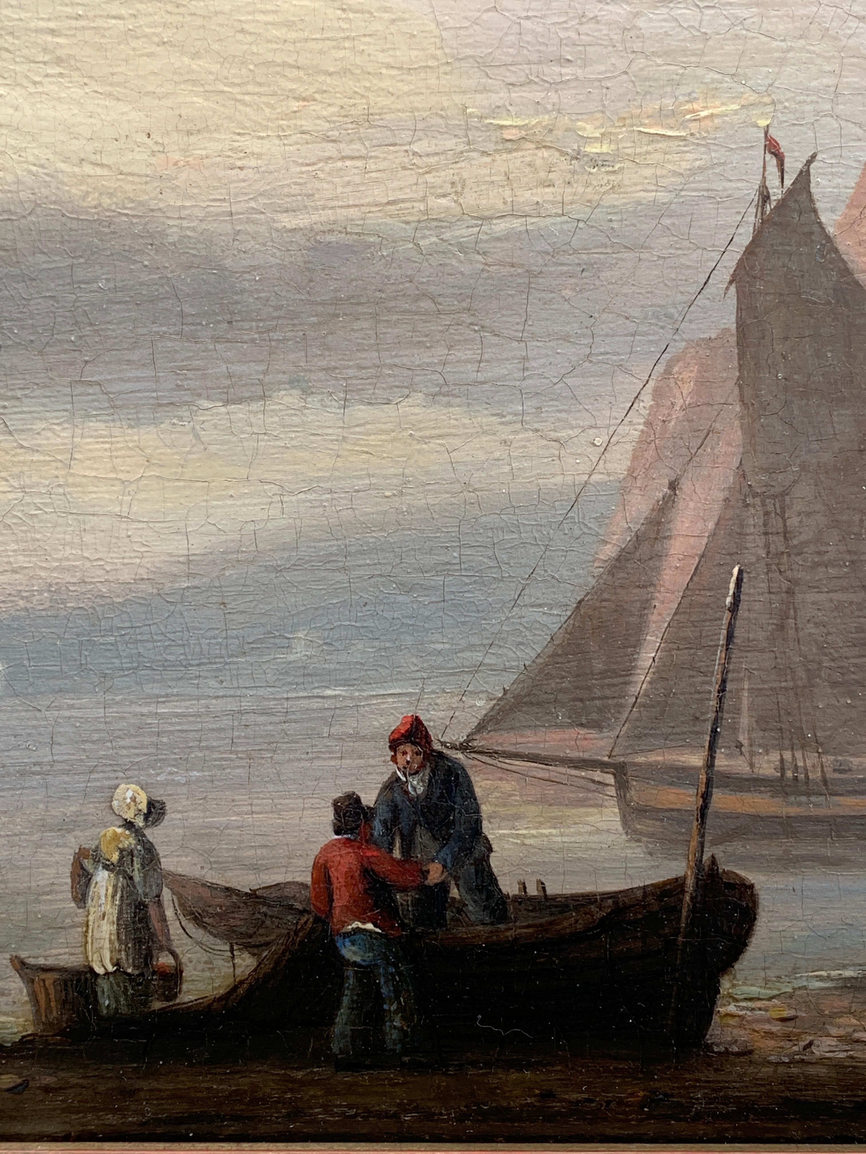 Antique English beach landscape, fishing vessels with people, Teignmouth Devon. - Painting by Thomas Luny