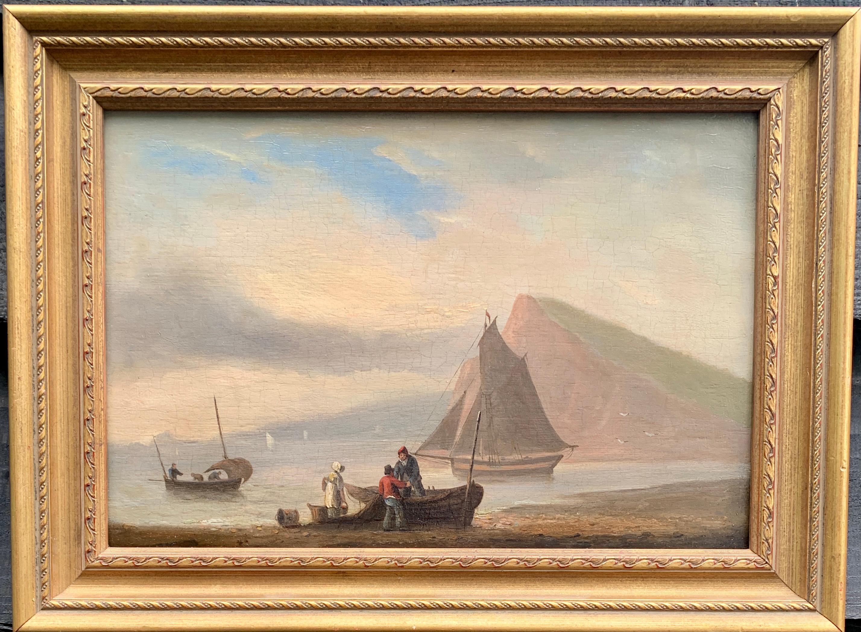 Thomas Luny Landscape Painting - Antique English beach landscape, fishing vessels with people, Teignmouth Devon.