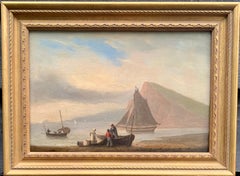Antique English beach landscape, fishing vessels with people, Teignmouth Devon.