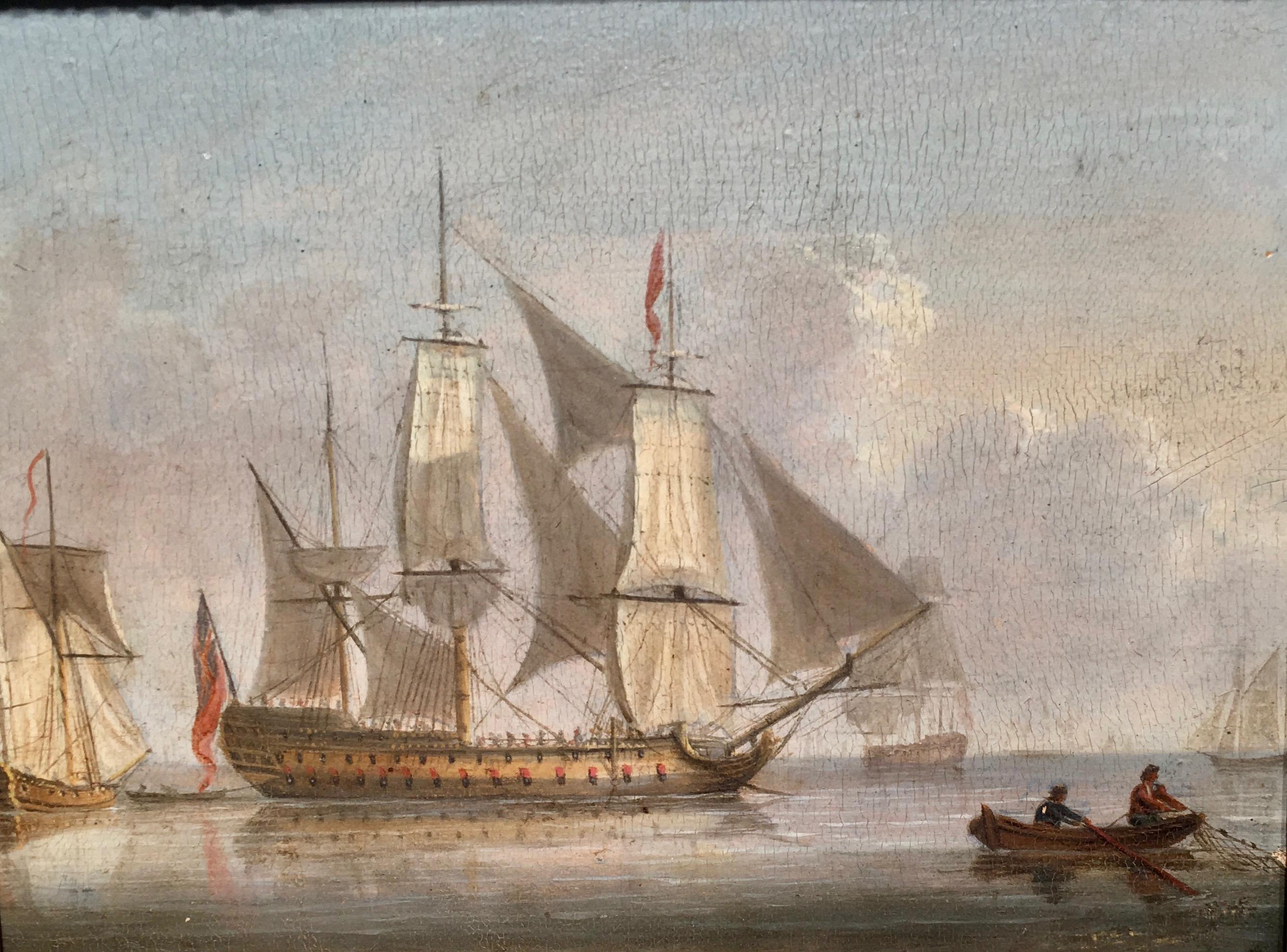Early 19th century Georgian or Regency English warship off the English coast   - Painting by Thomas Luny