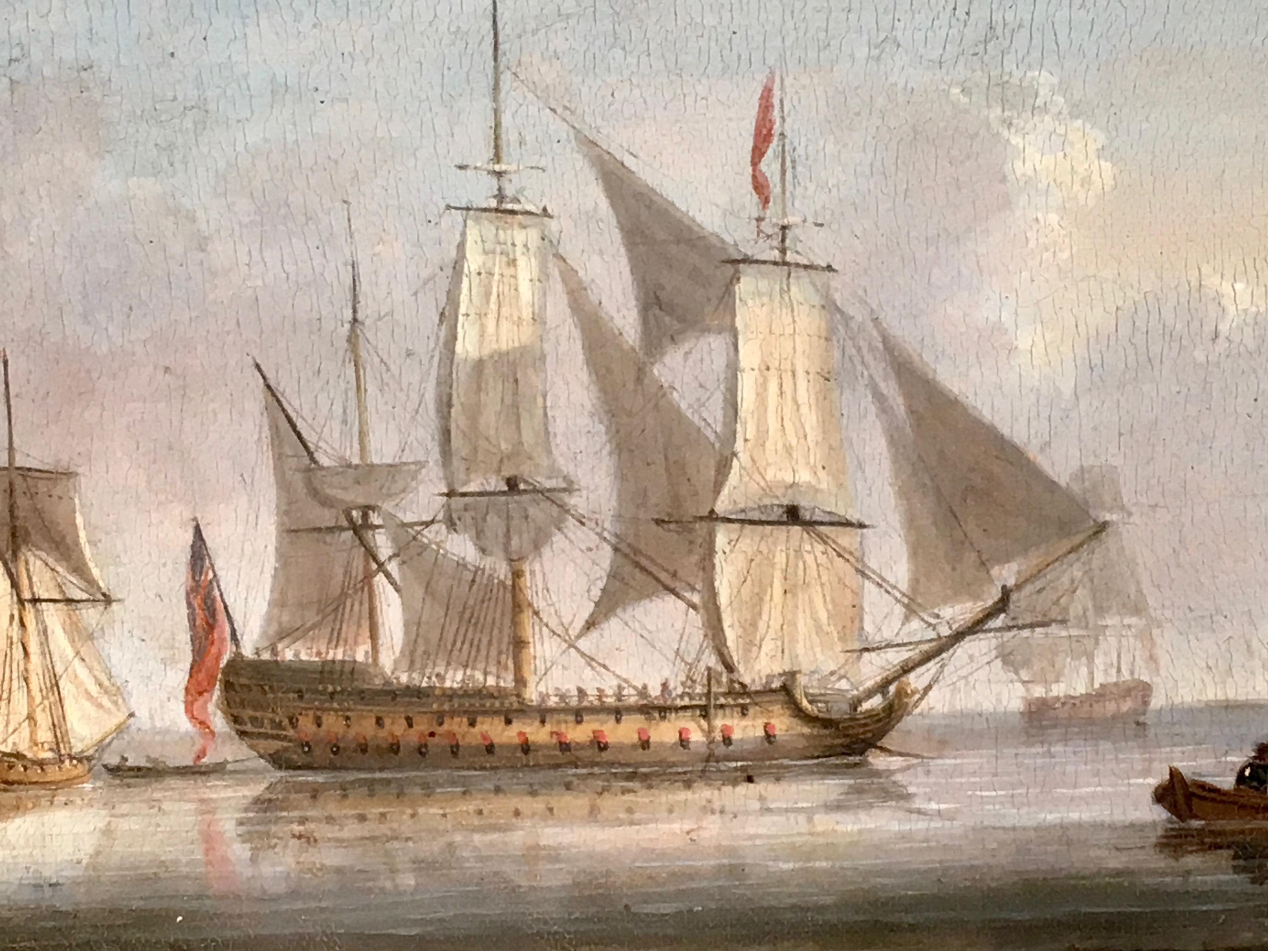 Early 19th century Georgian or Regency English warship off the English coast   - Old Masters Painting by Thomas Luny