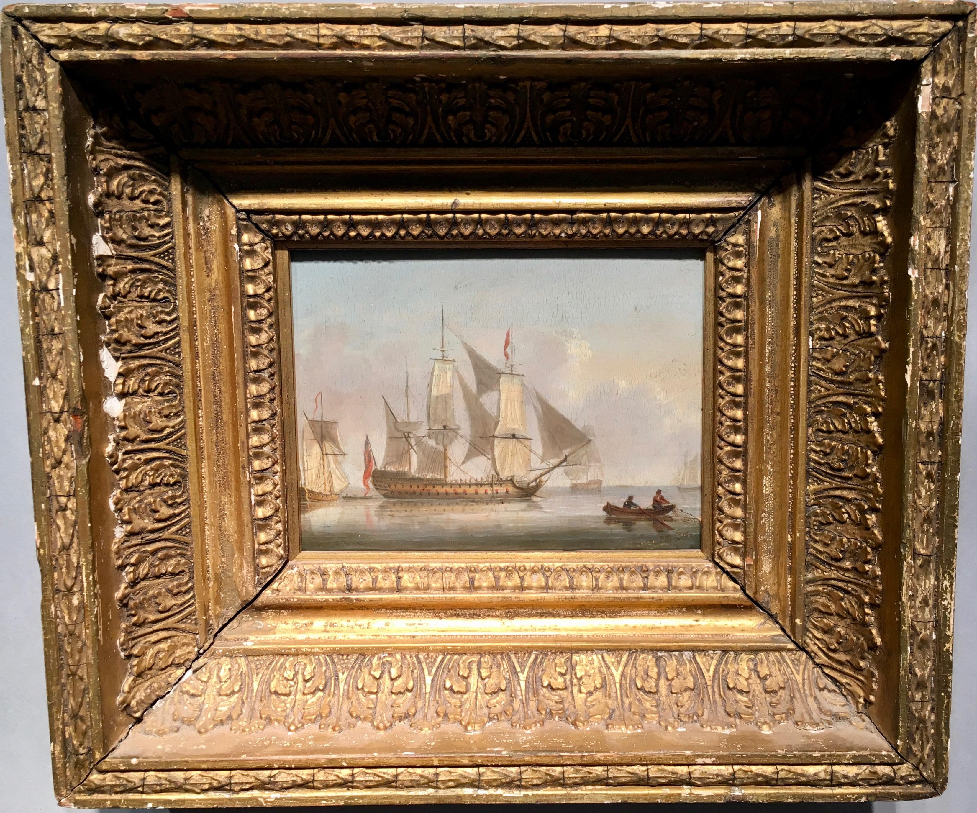 Thomas Luny Figurative Painting - Early 19th century Georgian or Regency English warship off the English coast  