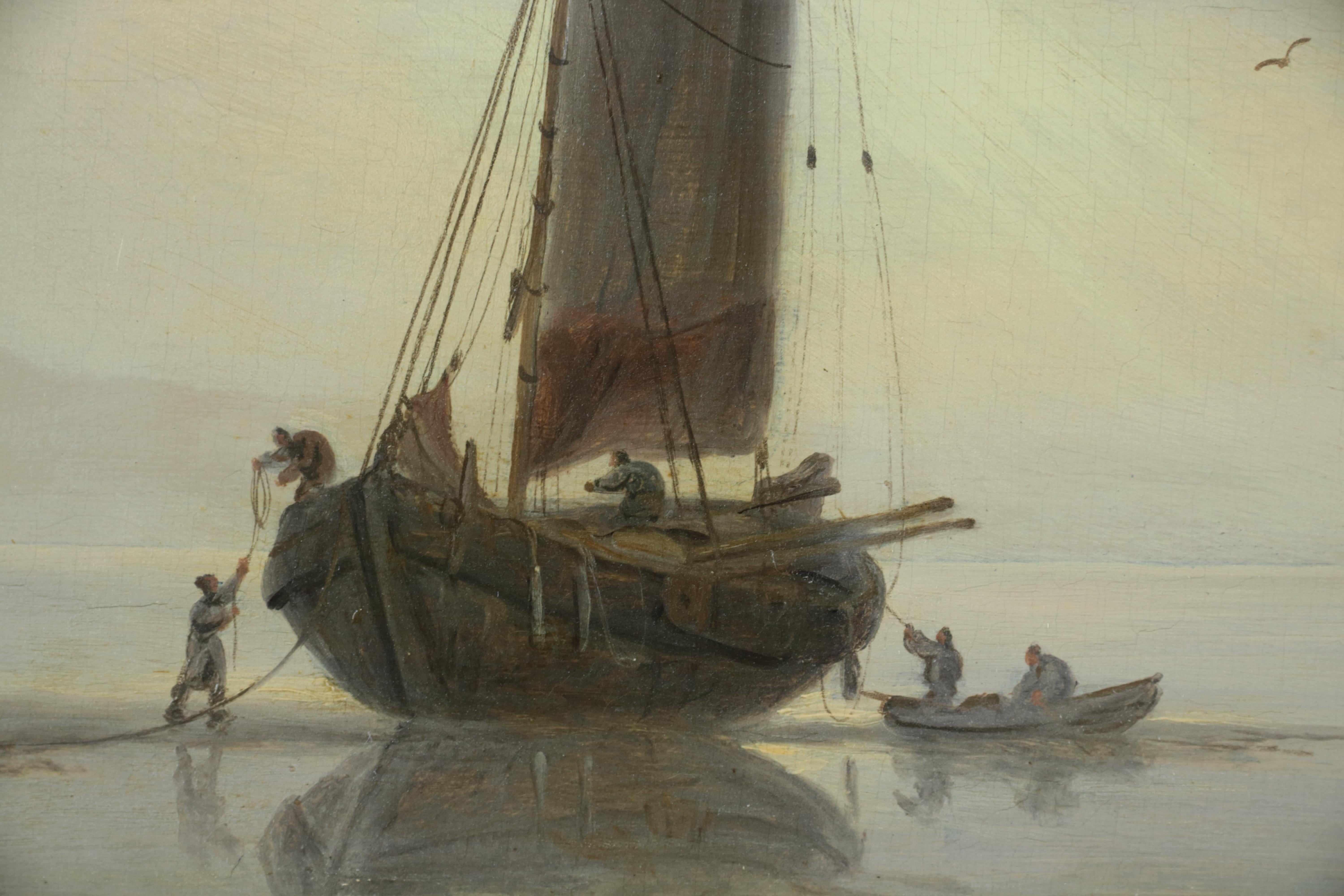 Peinture à l'huile de marine du début de l'époque victorienne du dix-neuvième siècle, représentant un navire au large de la côte en vente 1