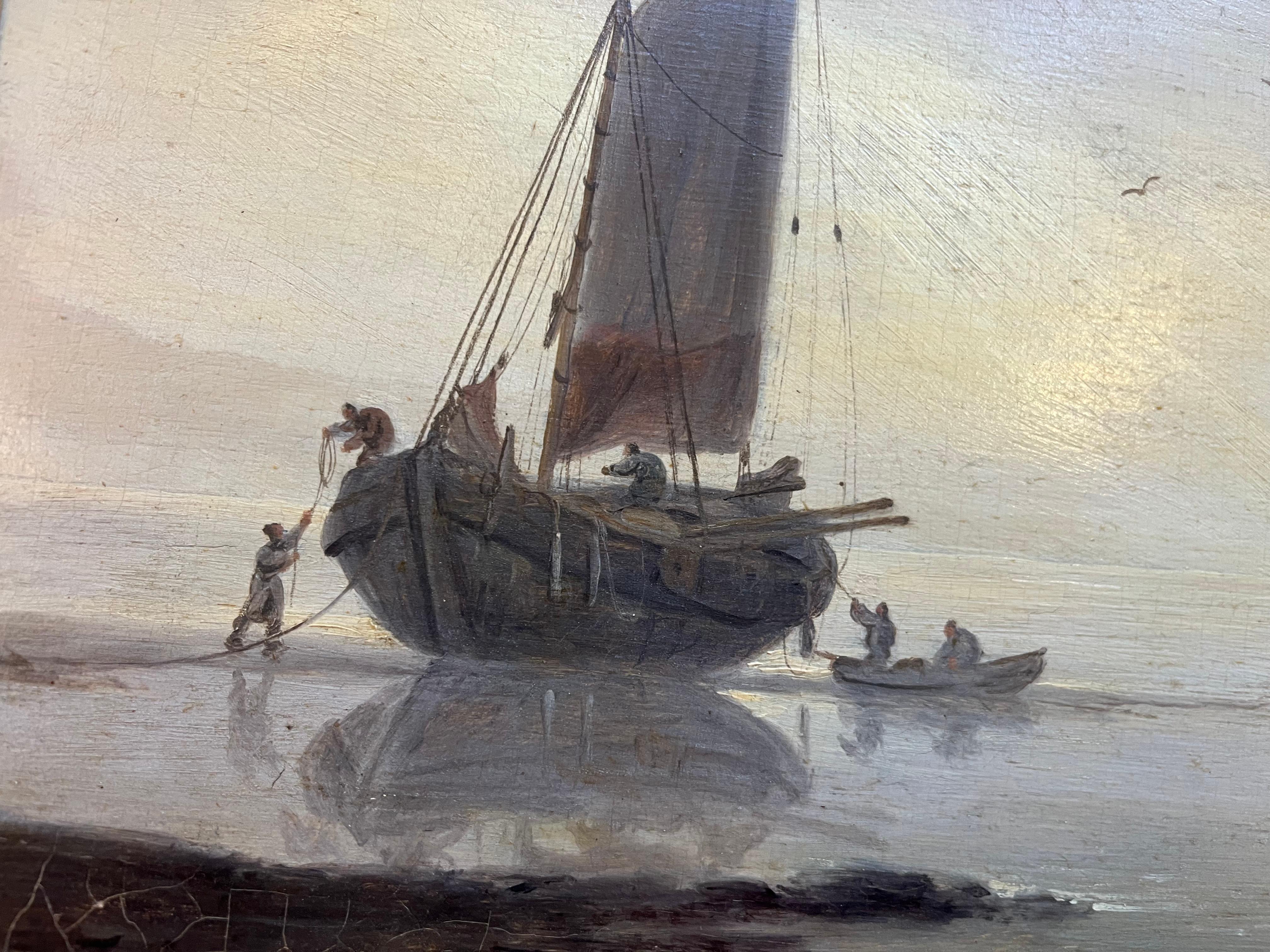 Peinture à l'huile de marine du début de l'époque victorienne du dix-neuvième siècle, représentant un navire au large de la côte en vente 6