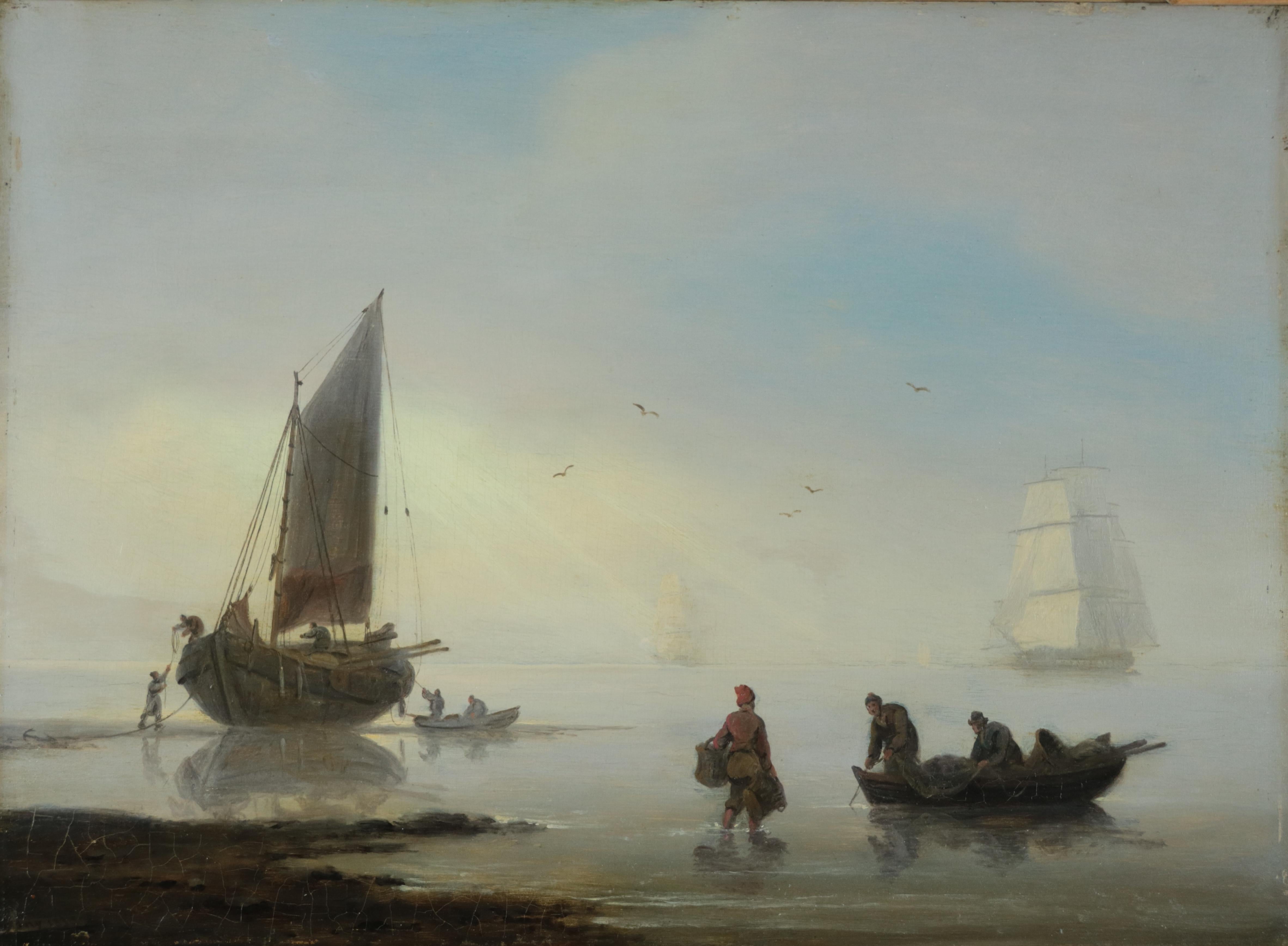 Frühes viktorianisches Ölgemälde aus dem neunzehnten Jahrhundert: Schifffahrt vor der Küste