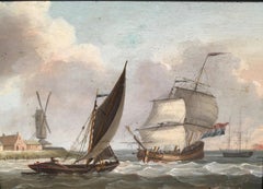 English warship off the Dutch coast with windmill and fishing boat by the shore