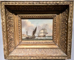 English warship off the Dutch coast with windmill and fishing boat by the shore