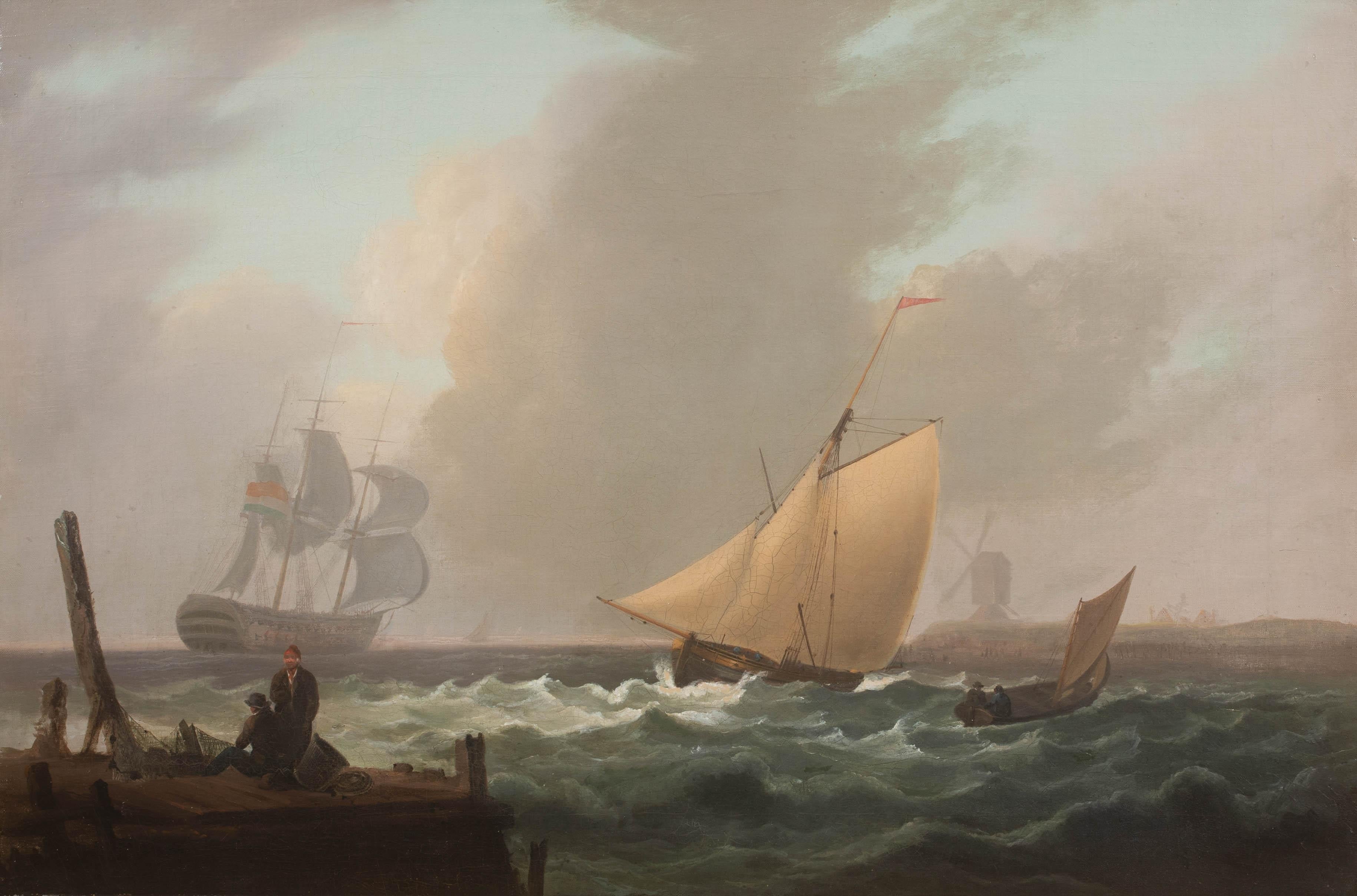Navires naviguant au large de la côte, vers 1800  Thomas LUNY (1759-1837) - une paire - Marron Landscape Painting par Thomas Luny