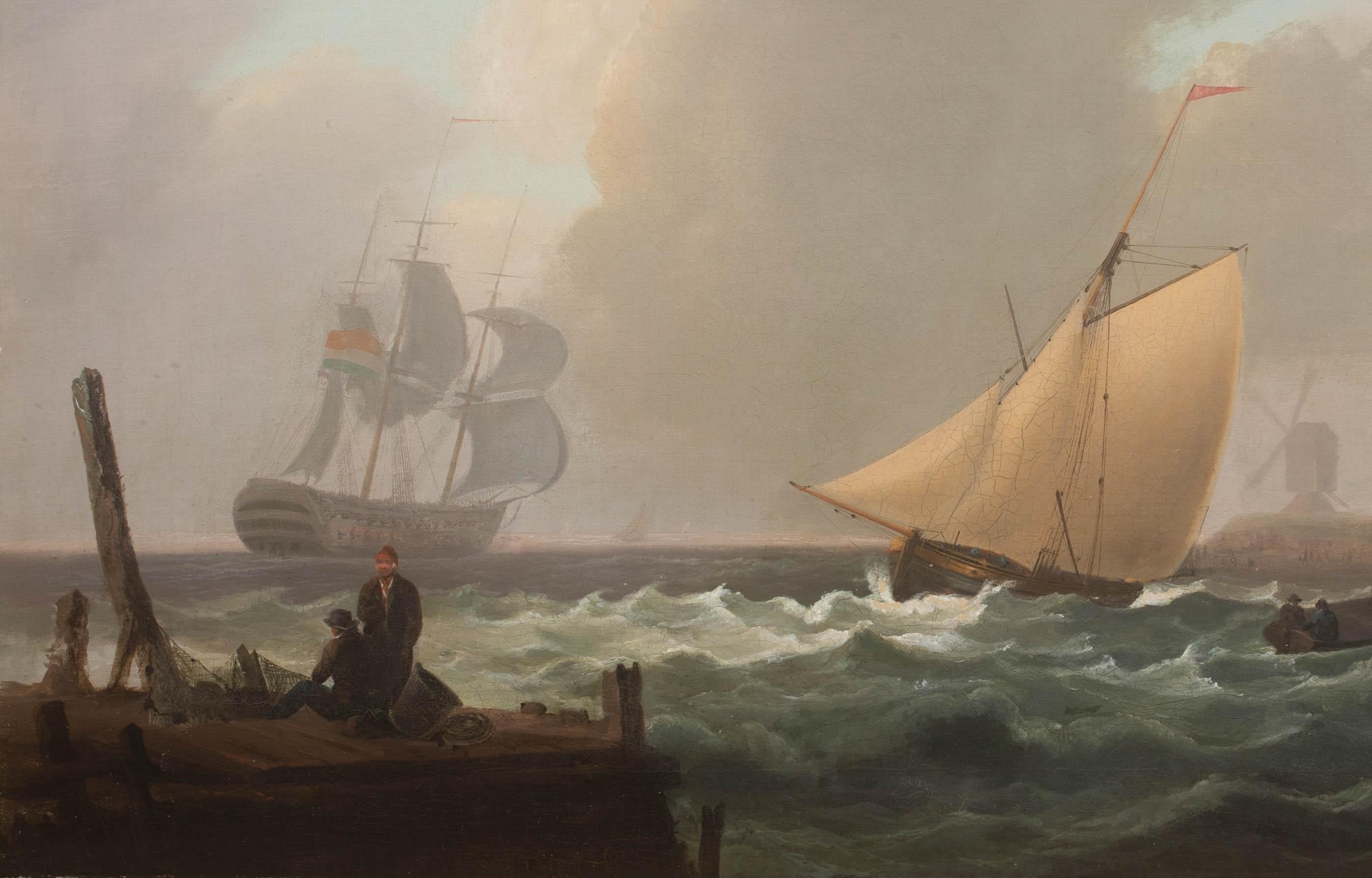Ships Sailing Off The Coast, circa 1800  Thomas LUNY (1759-1837) - one of a pair - Brown Landscape Painting by Thomas Luny