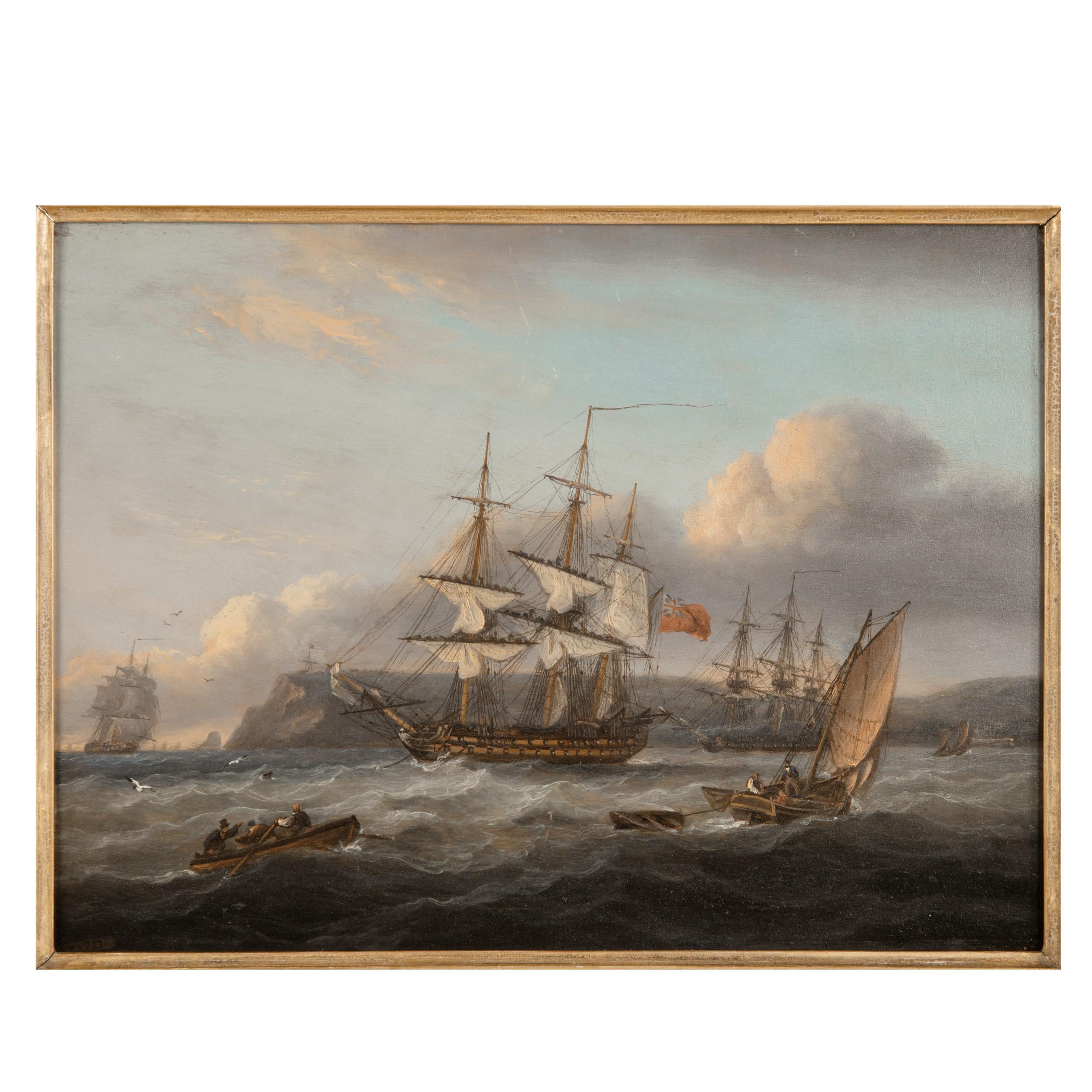 Thomas Luny (British, 1759-1837) HMS Bellerophon leaving Torbay with the defeated Emperor Napoleon aboard, 26th July 1815, this oil on panel shows the crew manning the yards to bring in the sails, having just dropped anchor in Torbay, with another