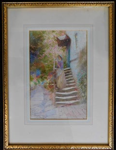 Thomas Mackay 1913 Watercolor Painting "Woman on Stairs"