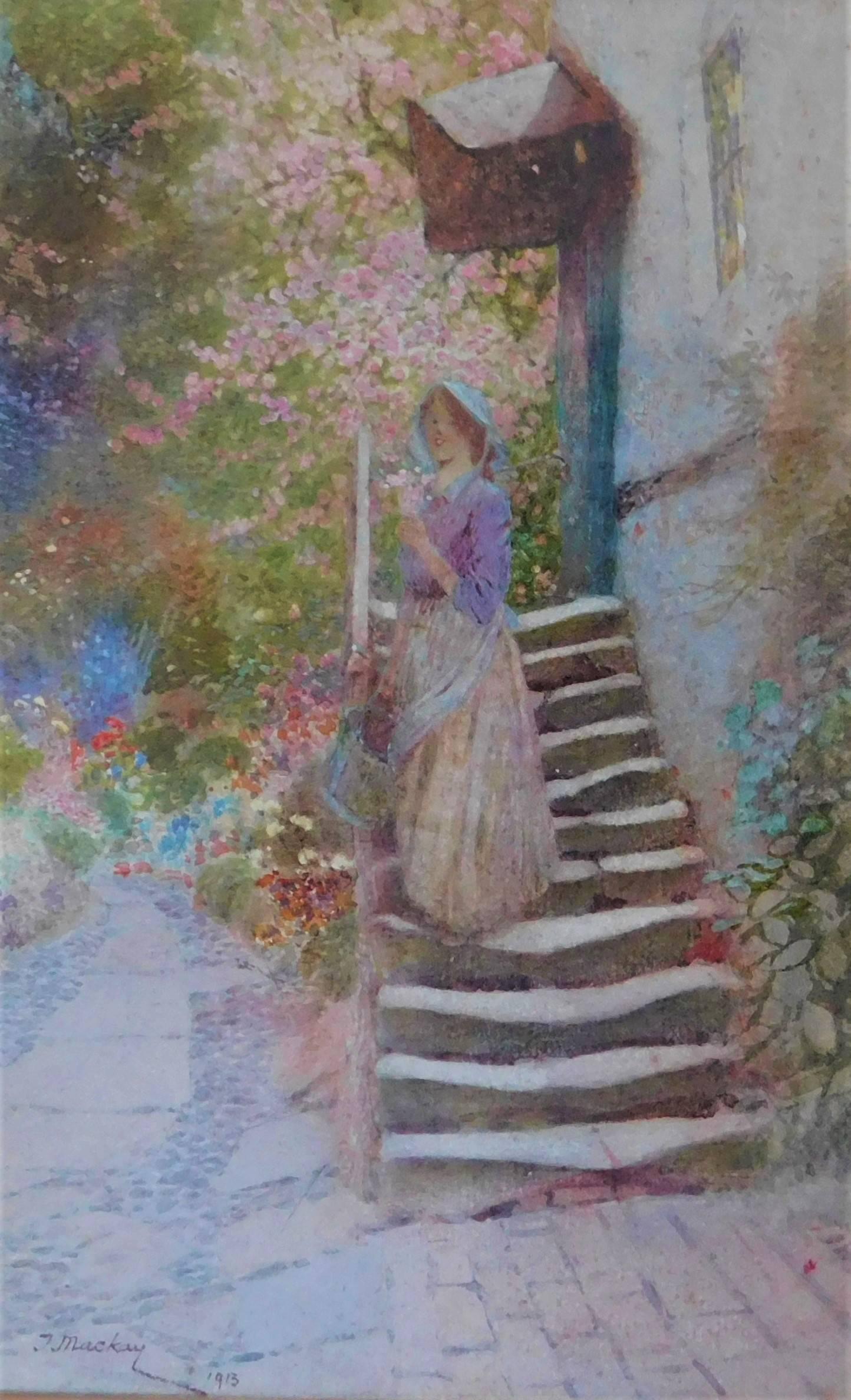 Anglais Peinture à l'aquarelle « Woman on Stairs » de Thomas Mackay, 1913 en vente