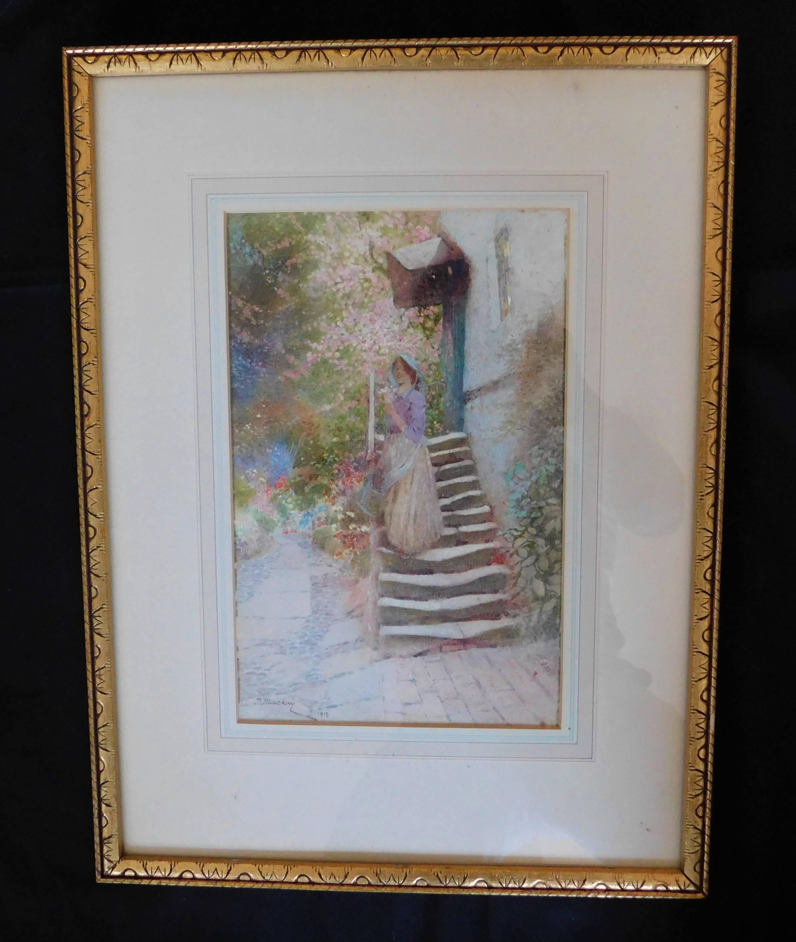 Peinture à l'aquarelle « Woman on Stairs » de Thomas Mackay, 1913 Excellent état - En vente à Hamilton, Ontario