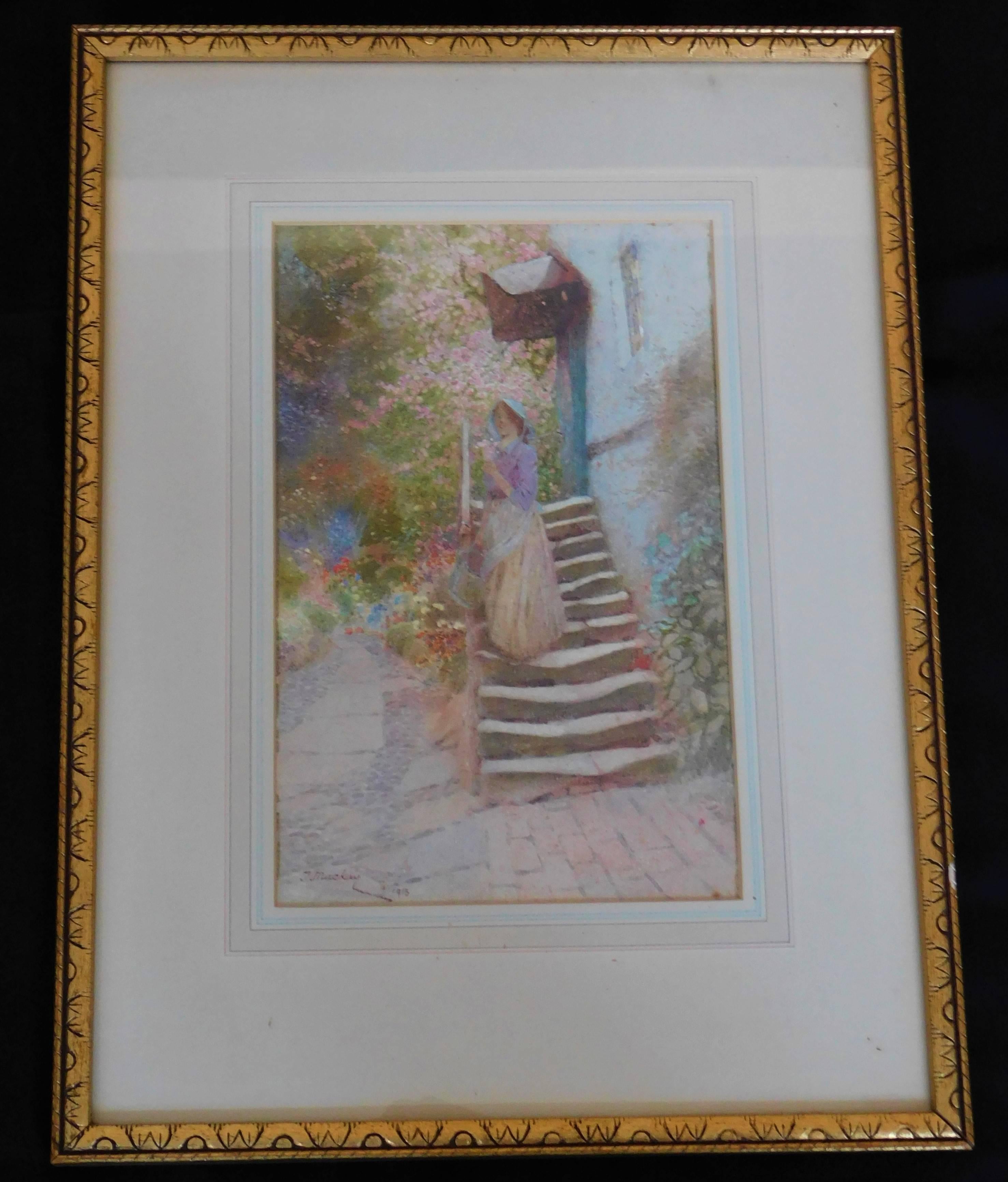 Peinture à l'aquarelle « Woman on Stairs » de Thomas Mackay, 1913 en vente 1