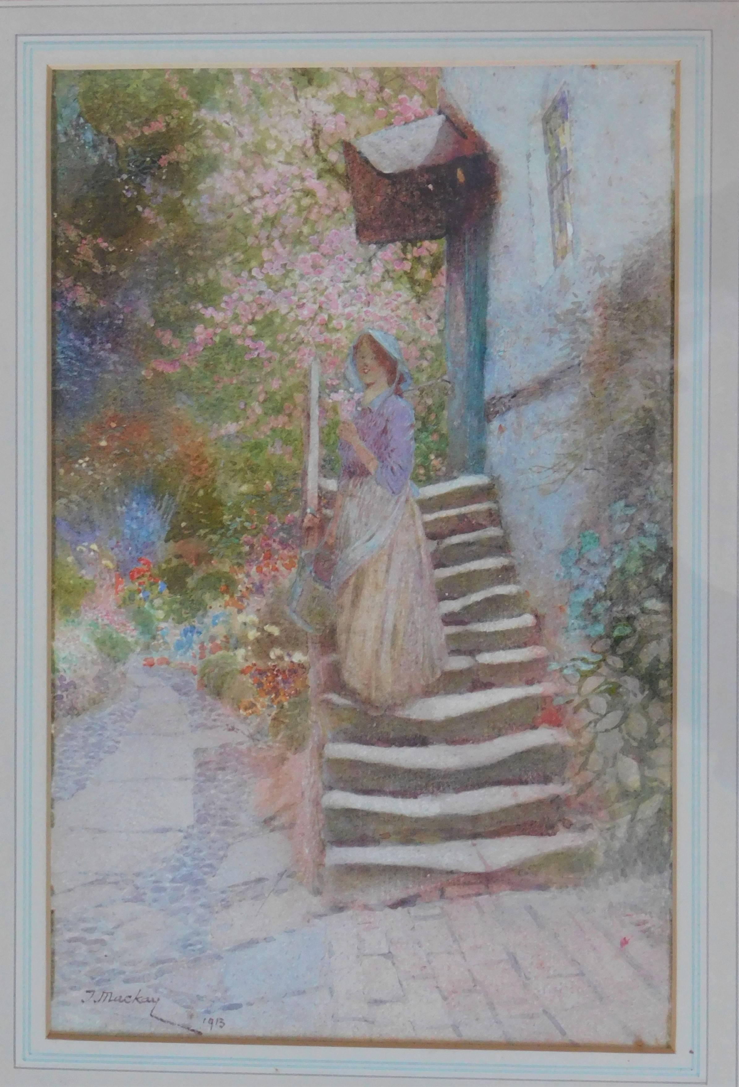 Peinture à l'aquarelle « Woman on Stairs » de Thomas Mackay, 1913 en vente 2