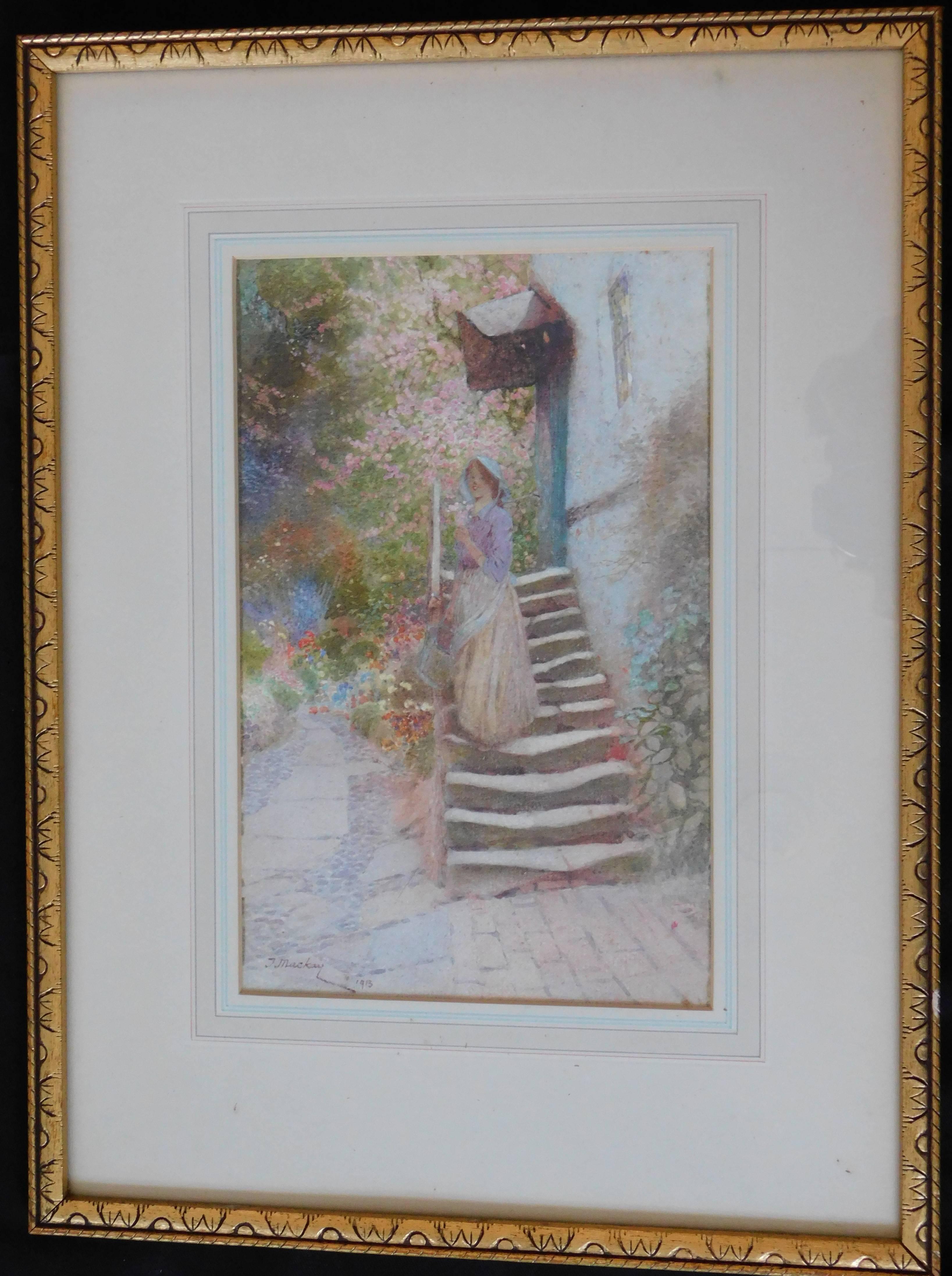 Peinture à l'aquarelle « Woman on Stairs » de Thomas Mackay, 1913 en vente 3