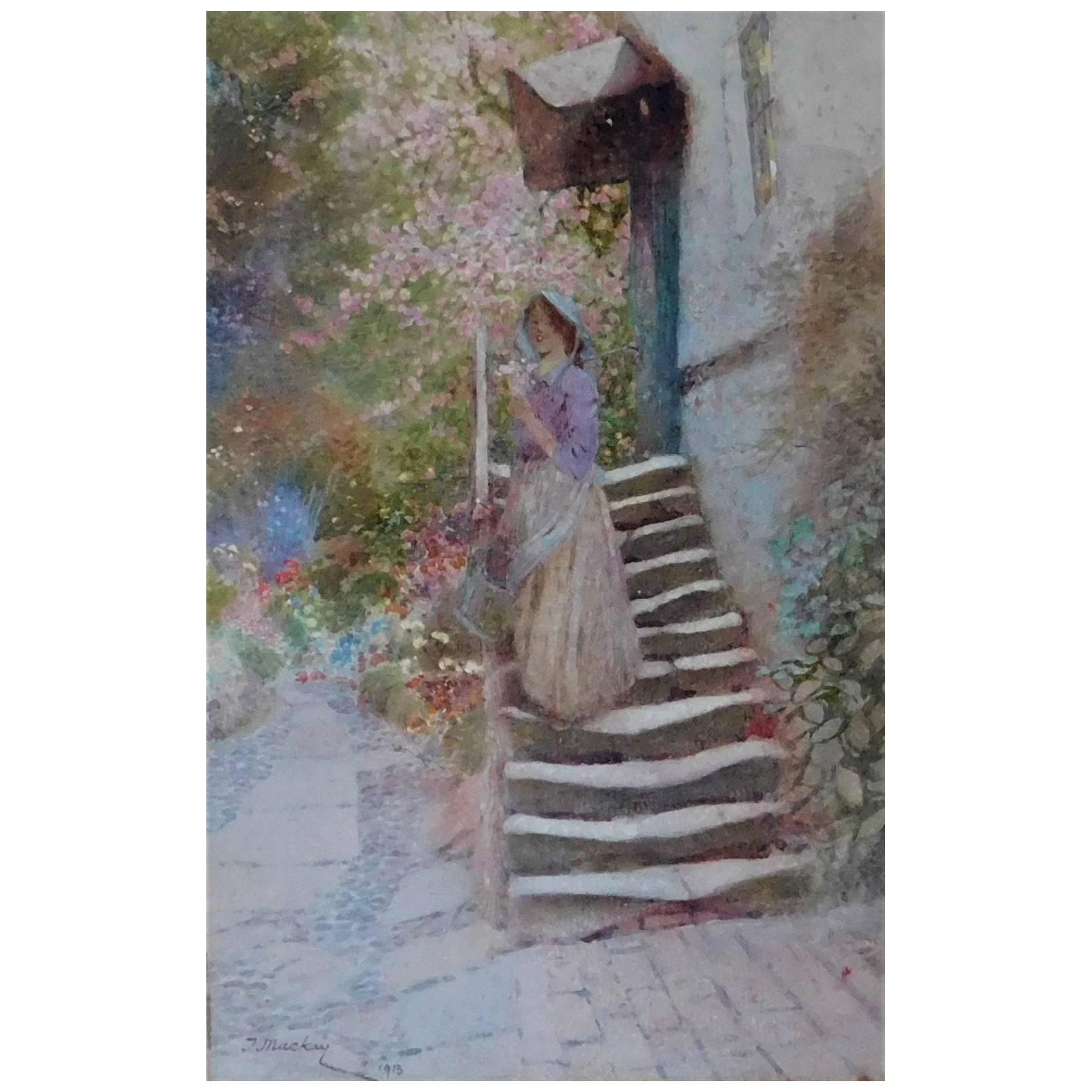 Thomas Mackay 1913 Watercolor Painting "Woman on Stairs"