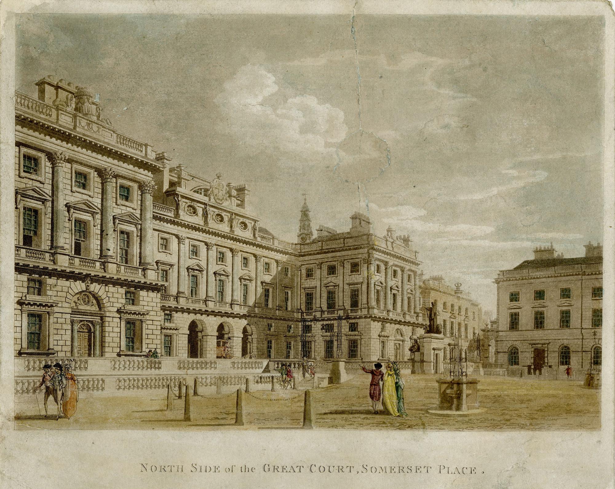 Thomas Malton (the younger) Landscape Print - North Side of the Great Court, Sommerset Palace