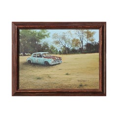 Green, Blue, & Brown Toned Realistic Landscape of a Rusted Car in an Open Field