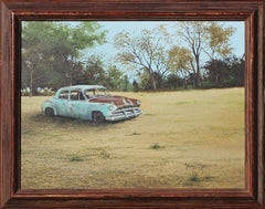 Green, Blue, & Brown Toned Realistic Landscape of a Rusted Car in an Open Field