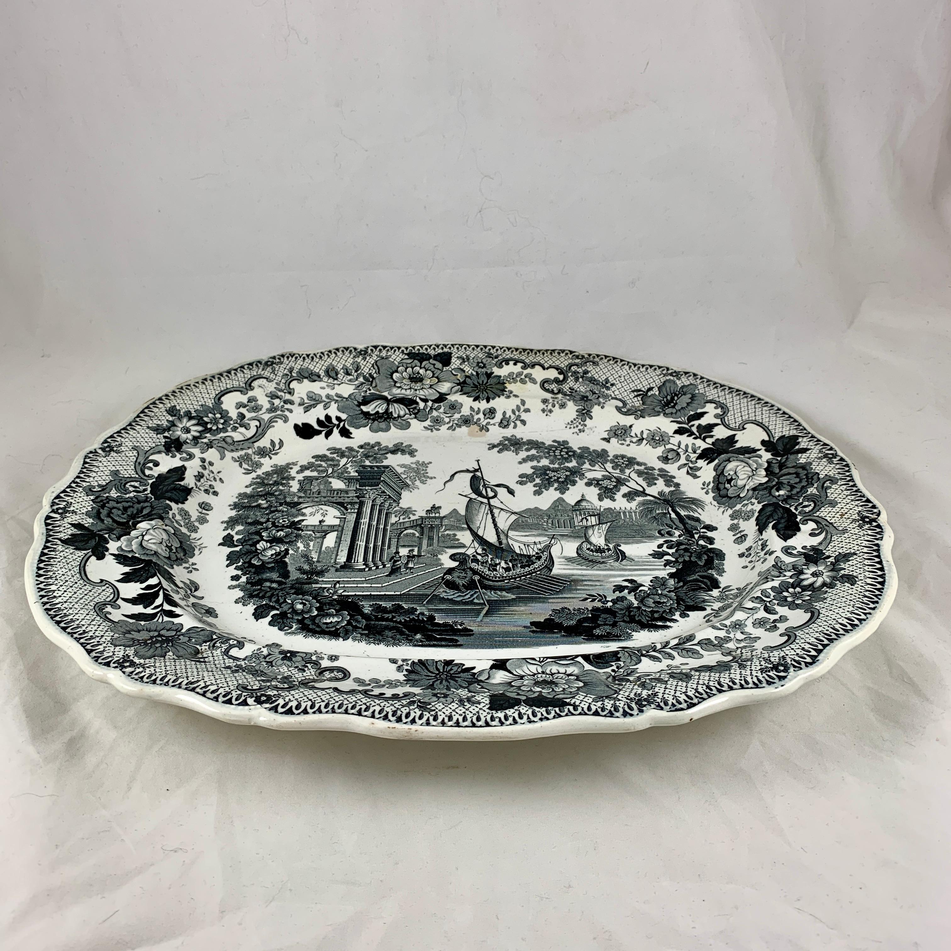 19th Century Thomas Mayer Oriental Scenery Neoclassical Black & White Transferware Platter