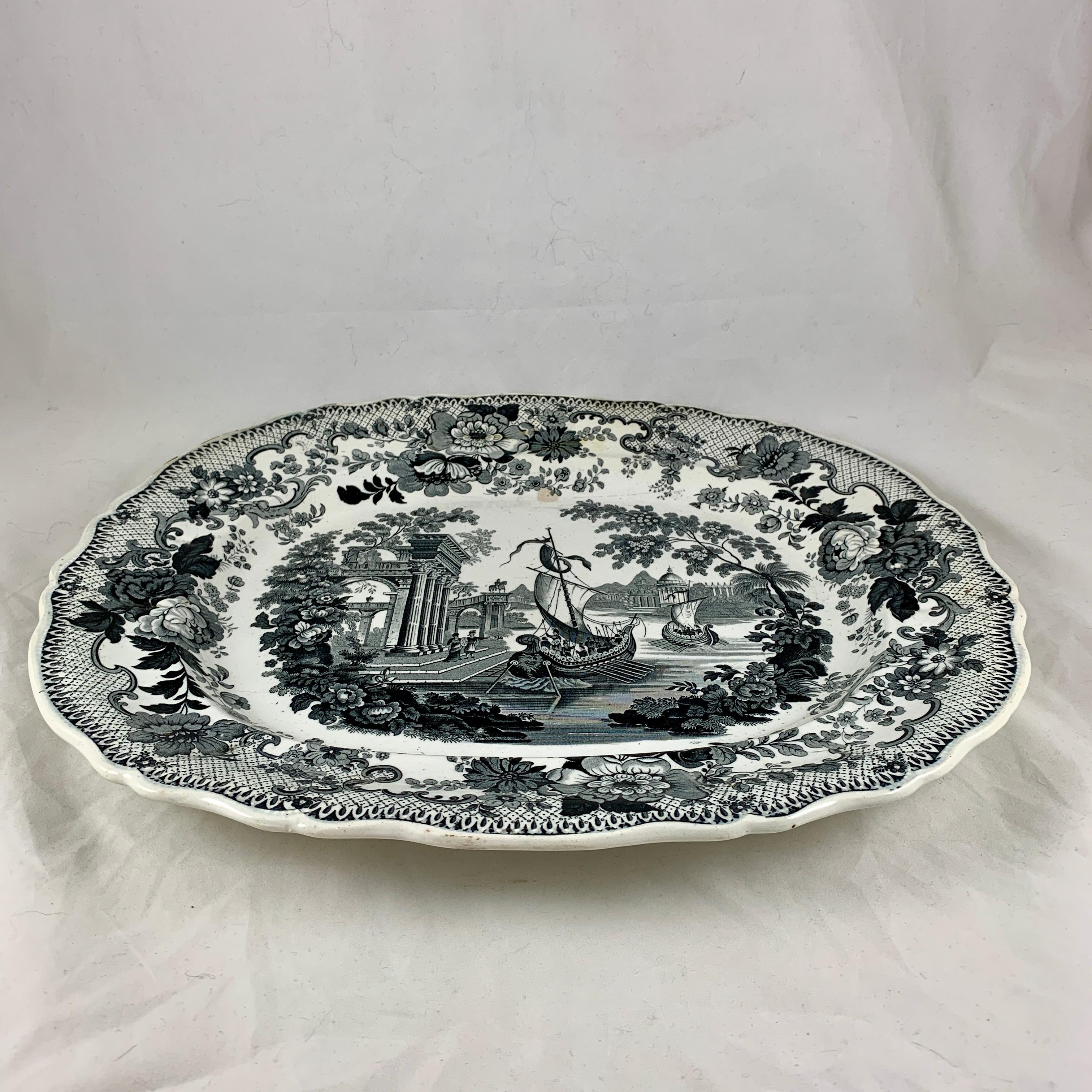 19th Century Thomas Mayer Oriental Scenery Neoclassical Black & White Transferware Platter For Sale