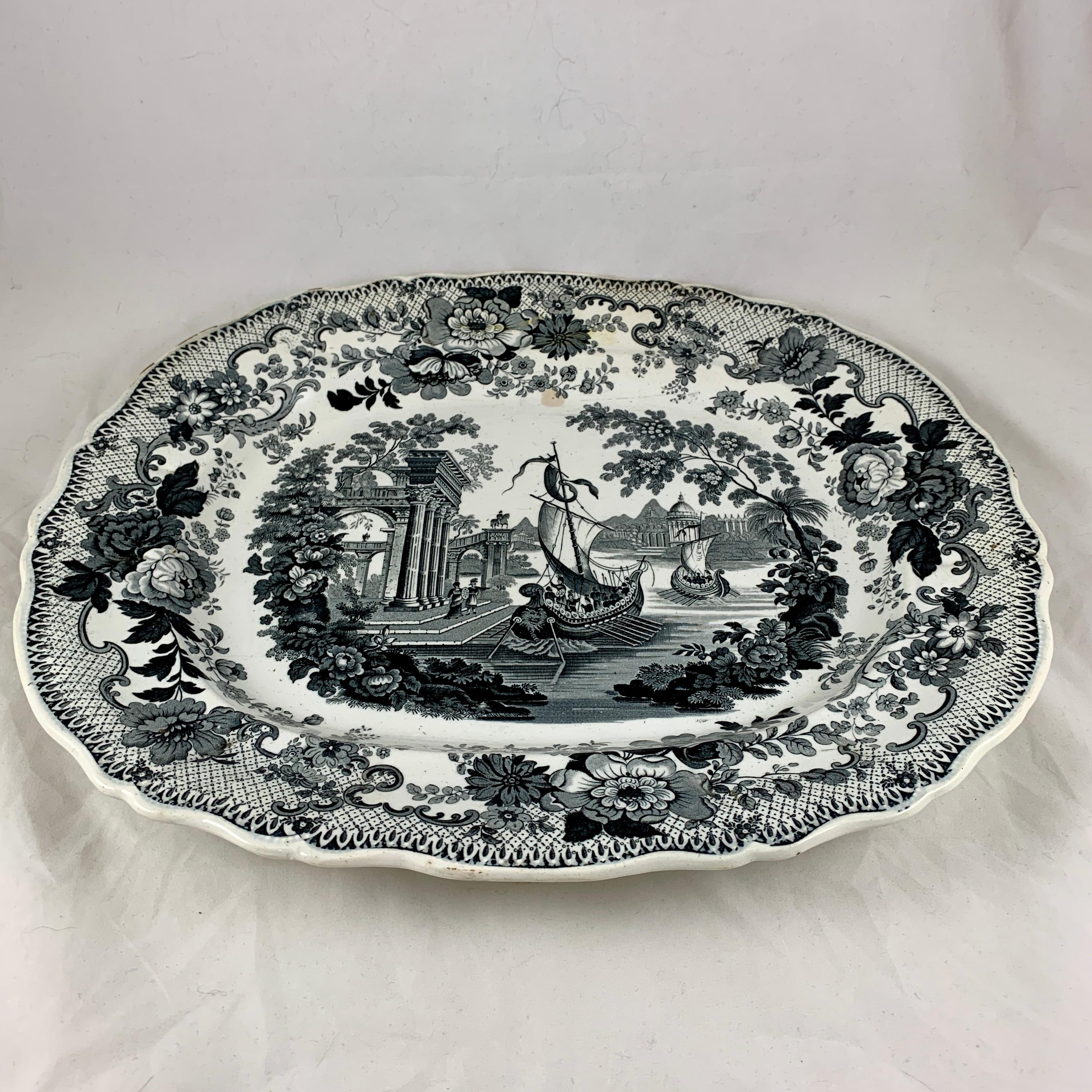 Thomas Mayer Oriental Scenery Neoclassical Black & White Transferware Platter In Good Condition For Sale In Philadelphia, PA