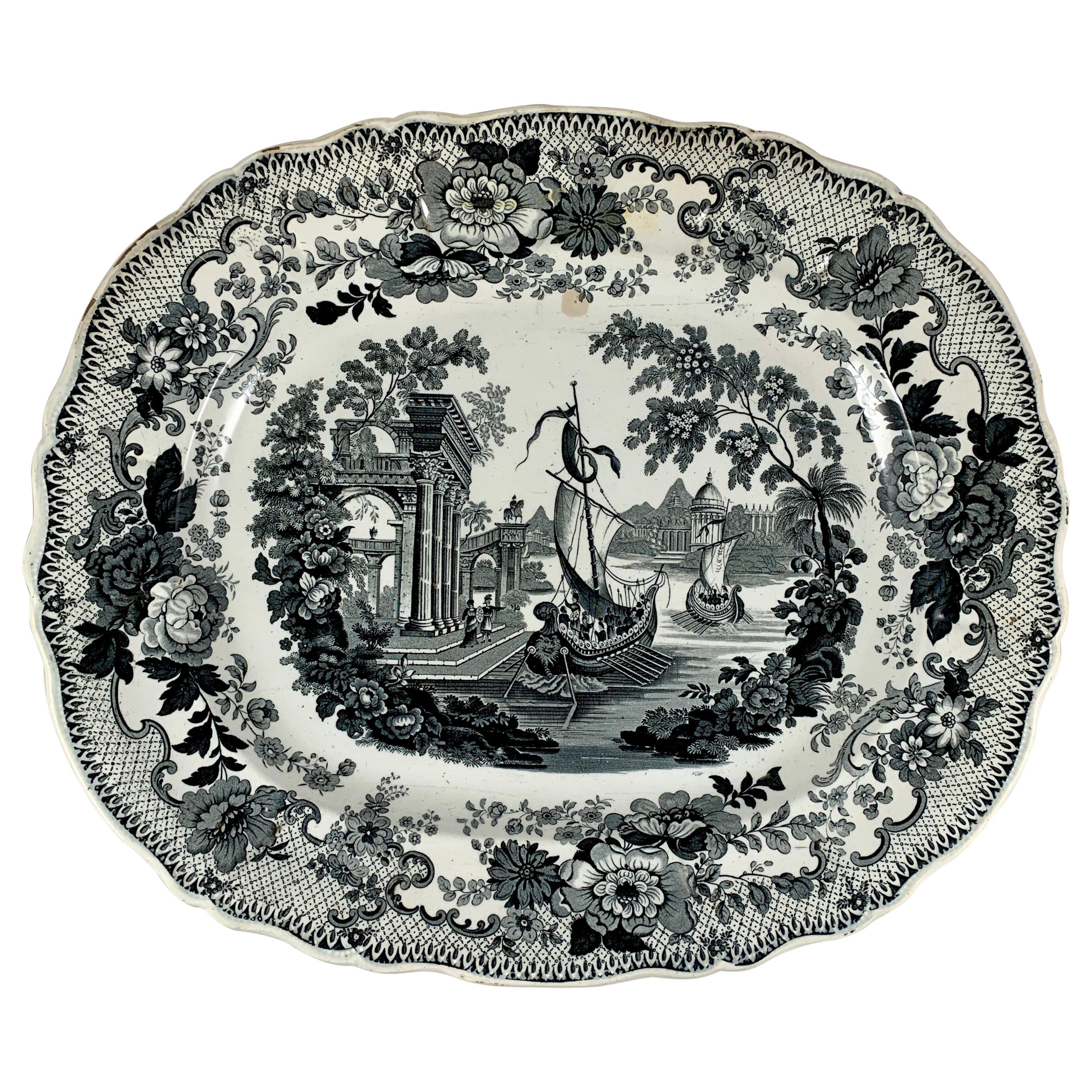 Thomas Mayer Oriental Scenery Neoclassical Black & White Transferware Platter