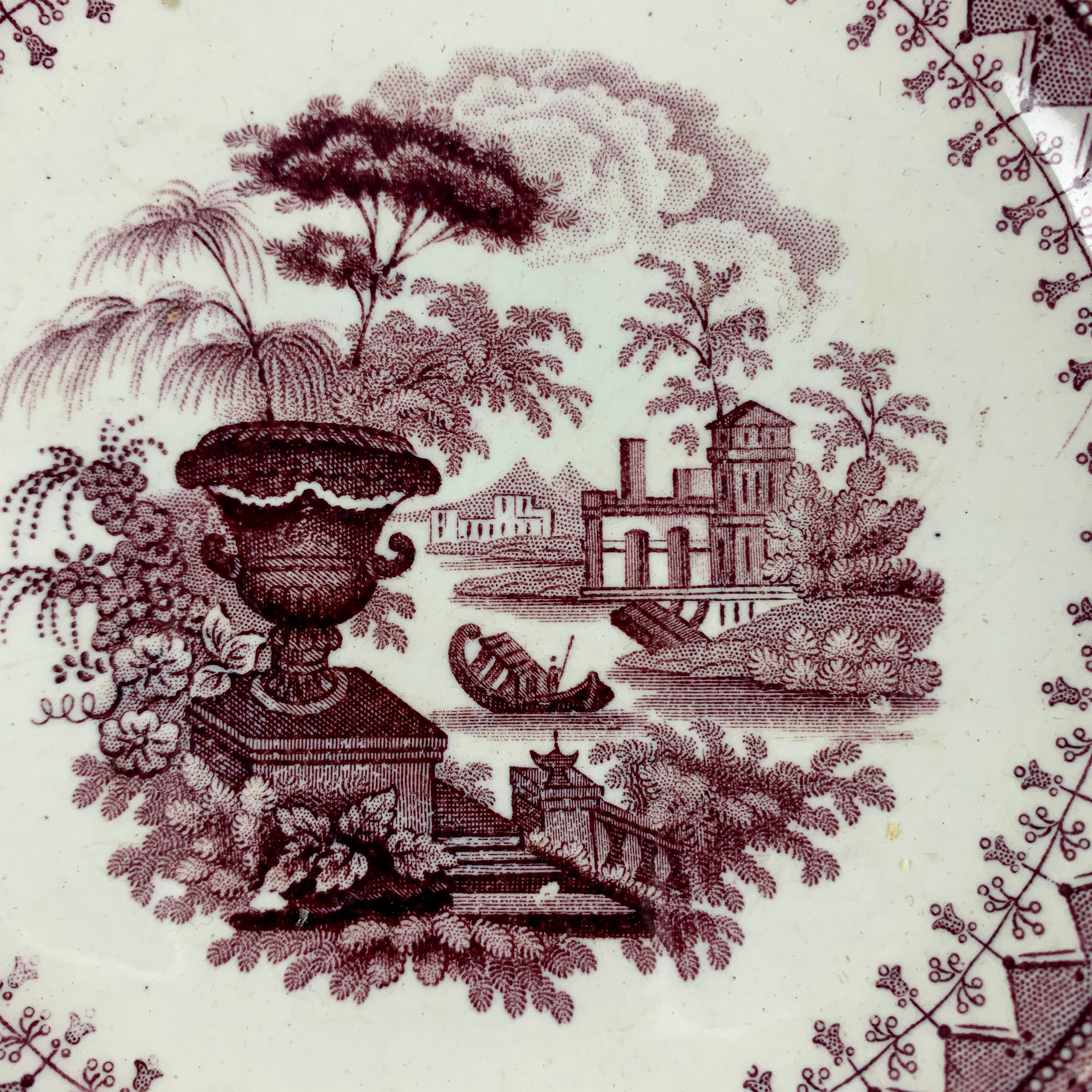 From Thomas Mayer, an earthenware purple transfer printed plate in the Canova pattern, Stoke-on-Trent, Staffordshire, circa 1826-1838.

A classical romantic central image, showing a large urn in the foreground, with a Gondola, buildings, and