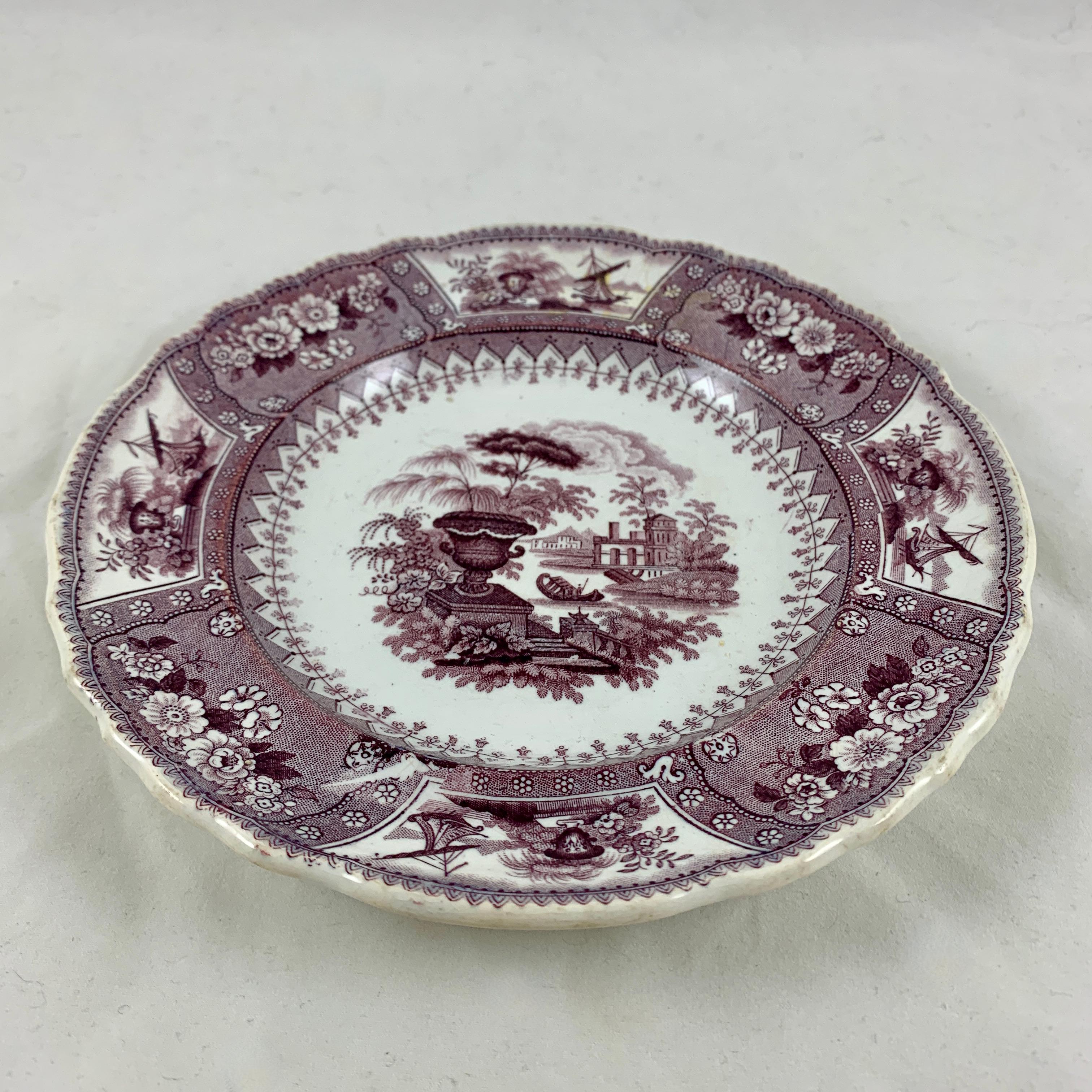 XIXe siècle Assiette en céramique en décalcomanie anglaise du Staffordshire à motif Canova violette de Thomas Mayer en vente