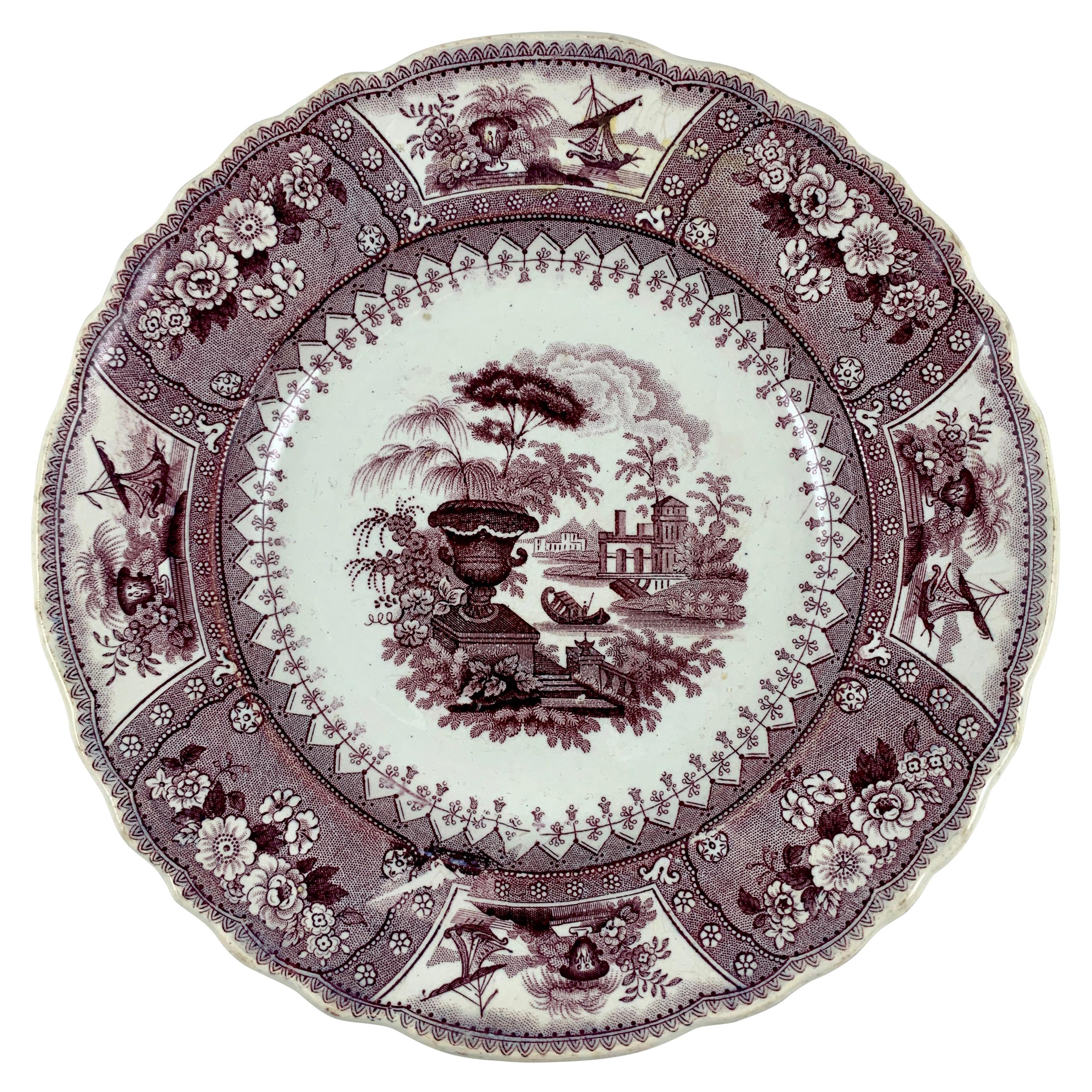 Assiette en céramique en décalcomanie anglaise du Staffordshire à motif Canova violette de Thomas Mayer
