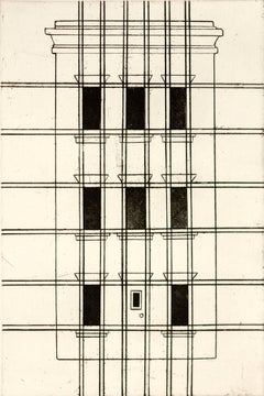 "Brownstone 1", urban landscape etching, aquatint print, New York City inspired.