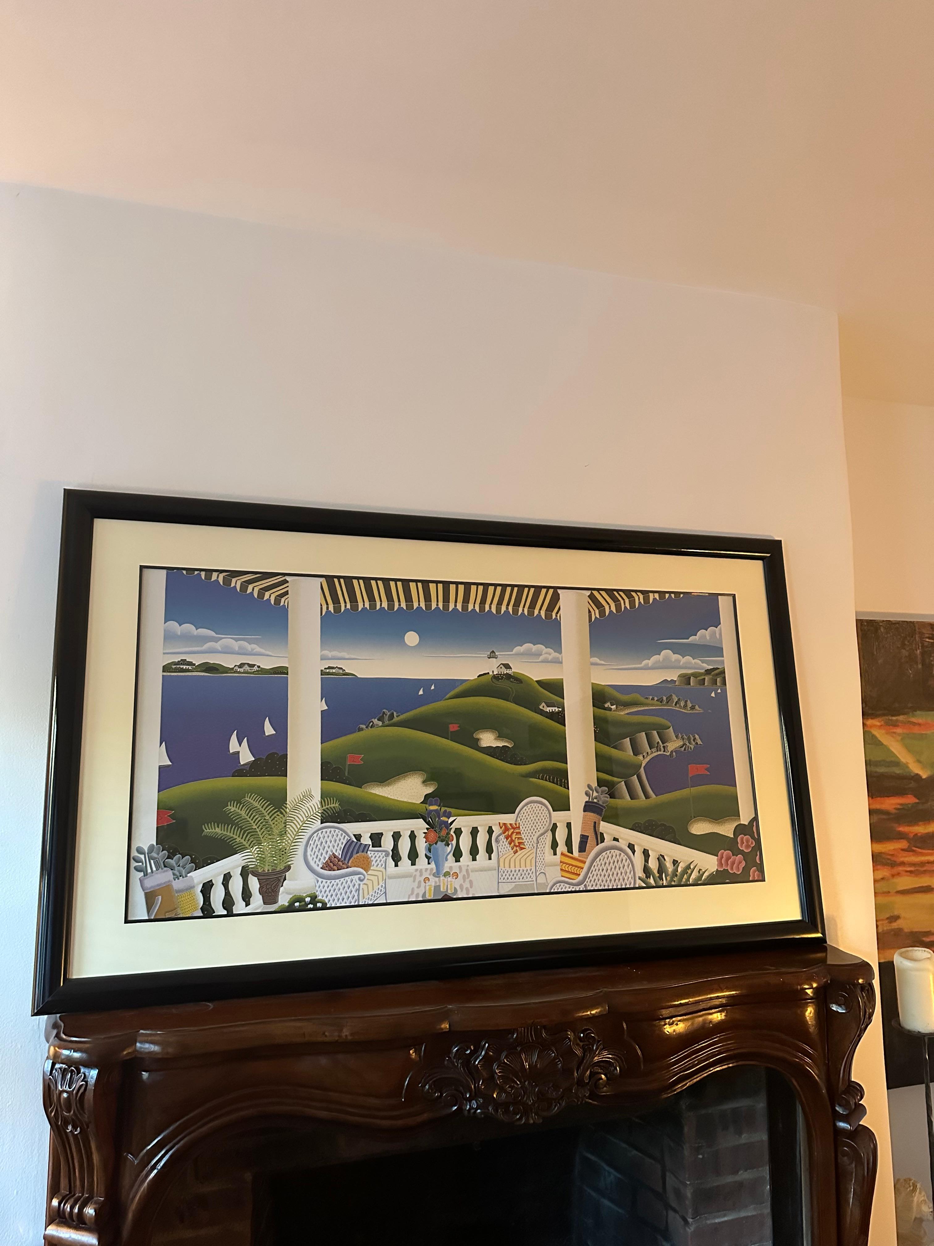1980s large framed Thomas McKnight Serigraph, depicting a scene in Rhode Island on a golf course, vibrant blues & greens that are typical of Mcknights dreamscapes - matted and framed, in nearly perfect condition with no notable flaws.