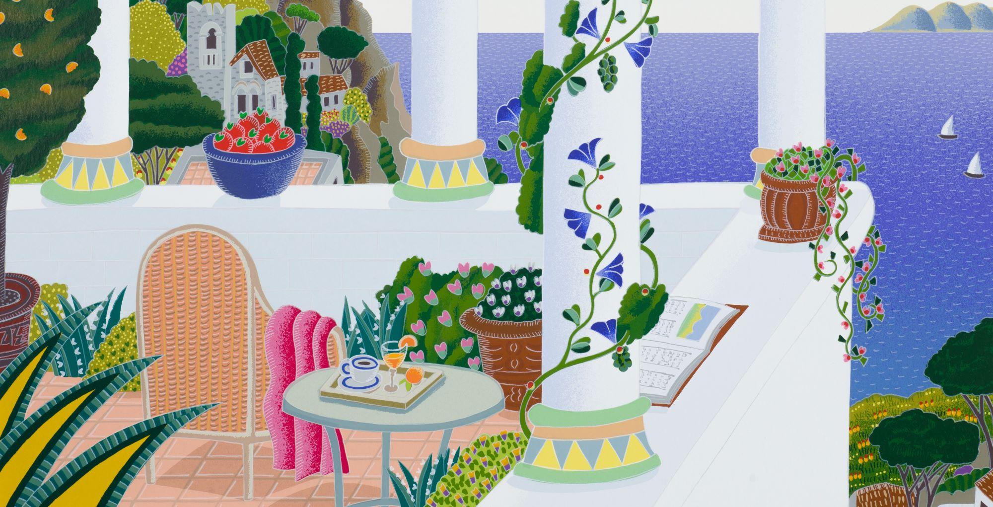 Amalfi Belvedere, de la colección Costa de Amalfi, es una serigrafía sobre papel con un tamaño de imagen de 16 x 18 pulgadas, firmada 