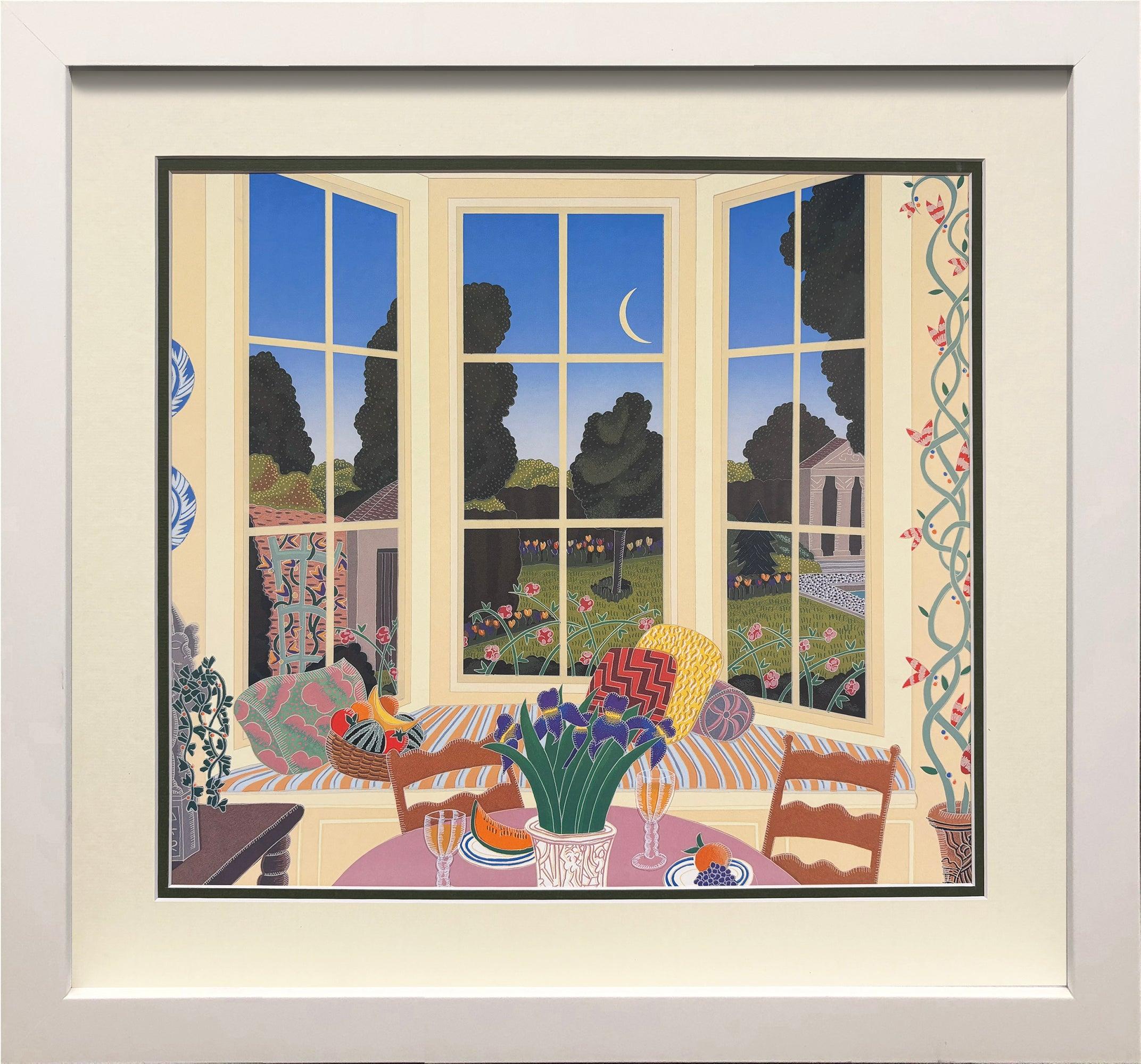 Interieur mit Gartenansicht Offsetlithographie, gerahmt, 1990er Jahre, ausgezeichnet