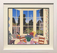 Interior with Garden View Offset Lithograph, Framed, 1990s, Excellent