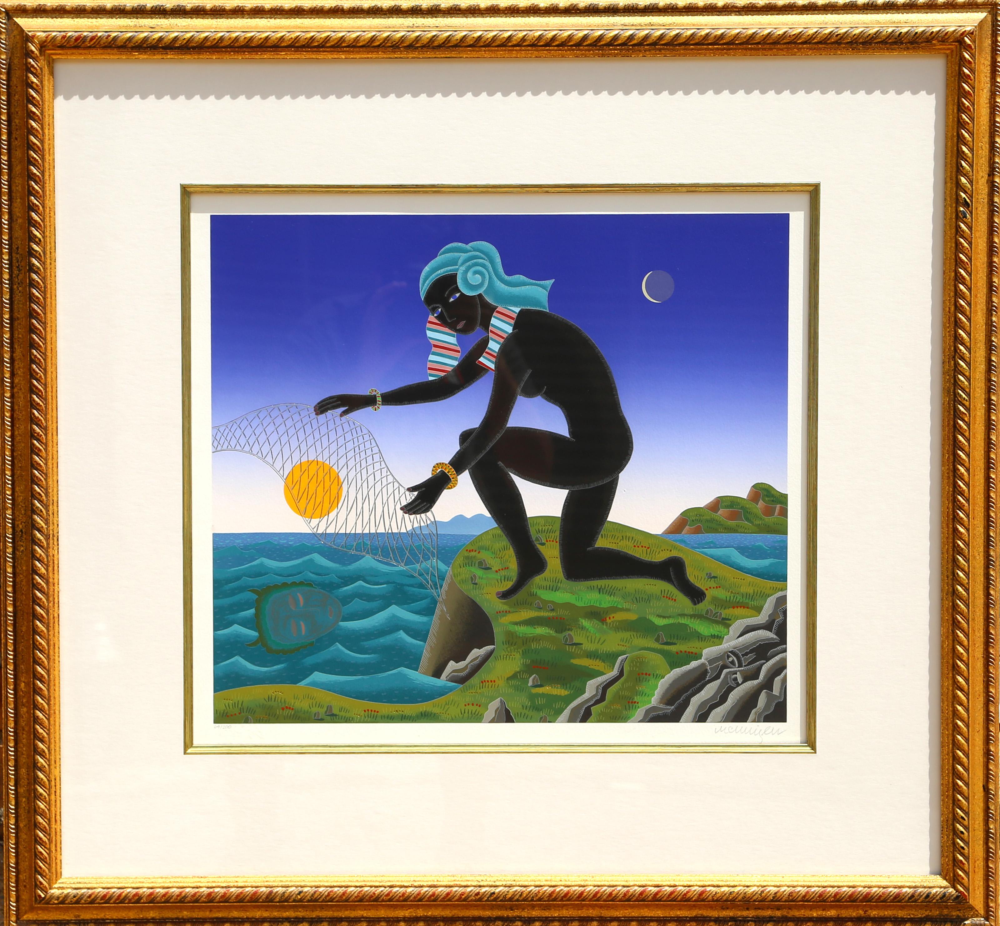 Nubian Fisherman
Thomas McKnight, American (1941)
Screenprint, signed and numbered in pencil
Edition of 64/200
Image Size: 16 x 18 inches
Frame Size: 30 x 31 inches