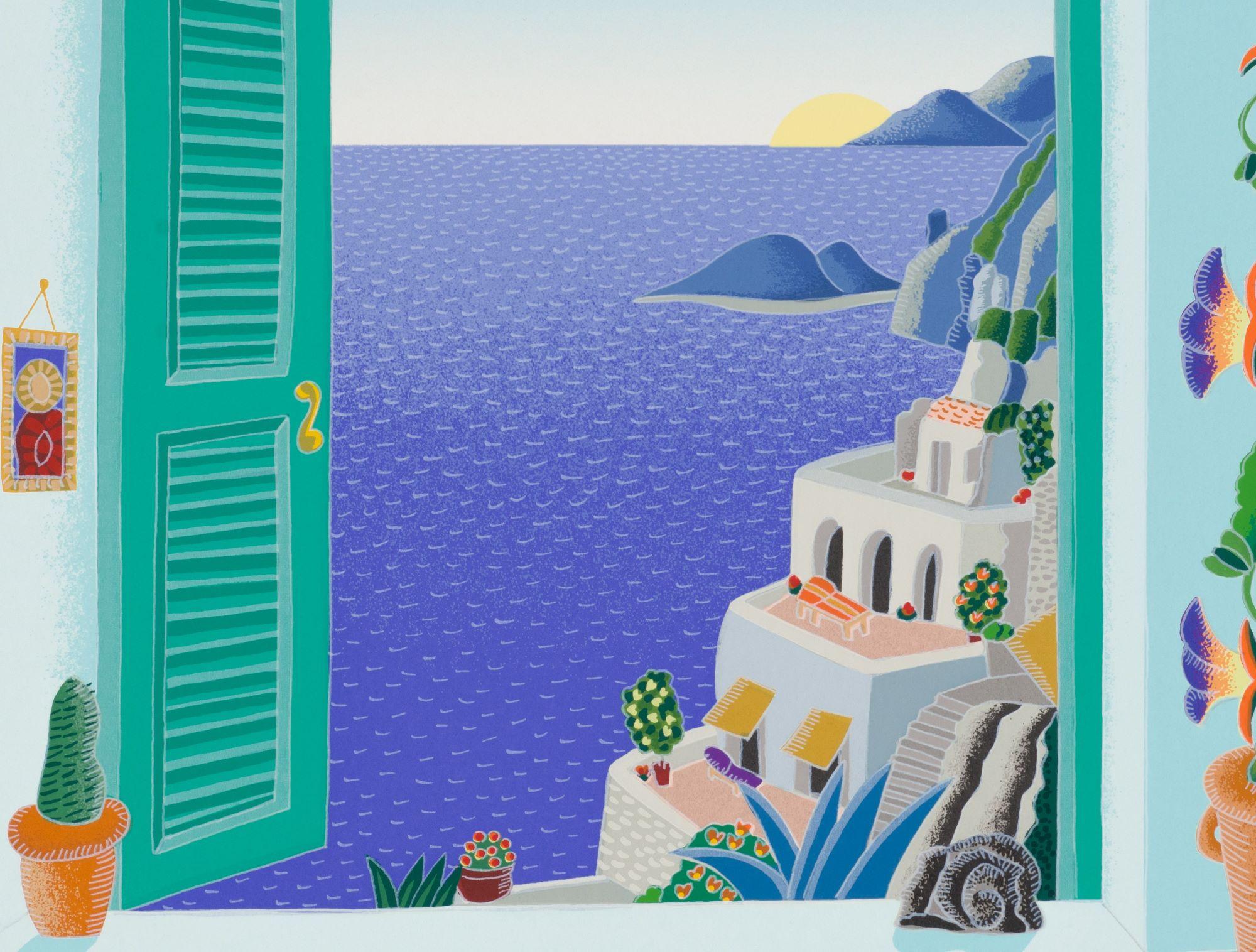 Positano Bath from the Amalfi Coast collection is a serigraph on paper with an image size 16 x 18 inches, signed 'McKnight' lower right and numbered lower left. Framed in a contemporary black frame. Numbered XXII/L from the edition of 10 (there were