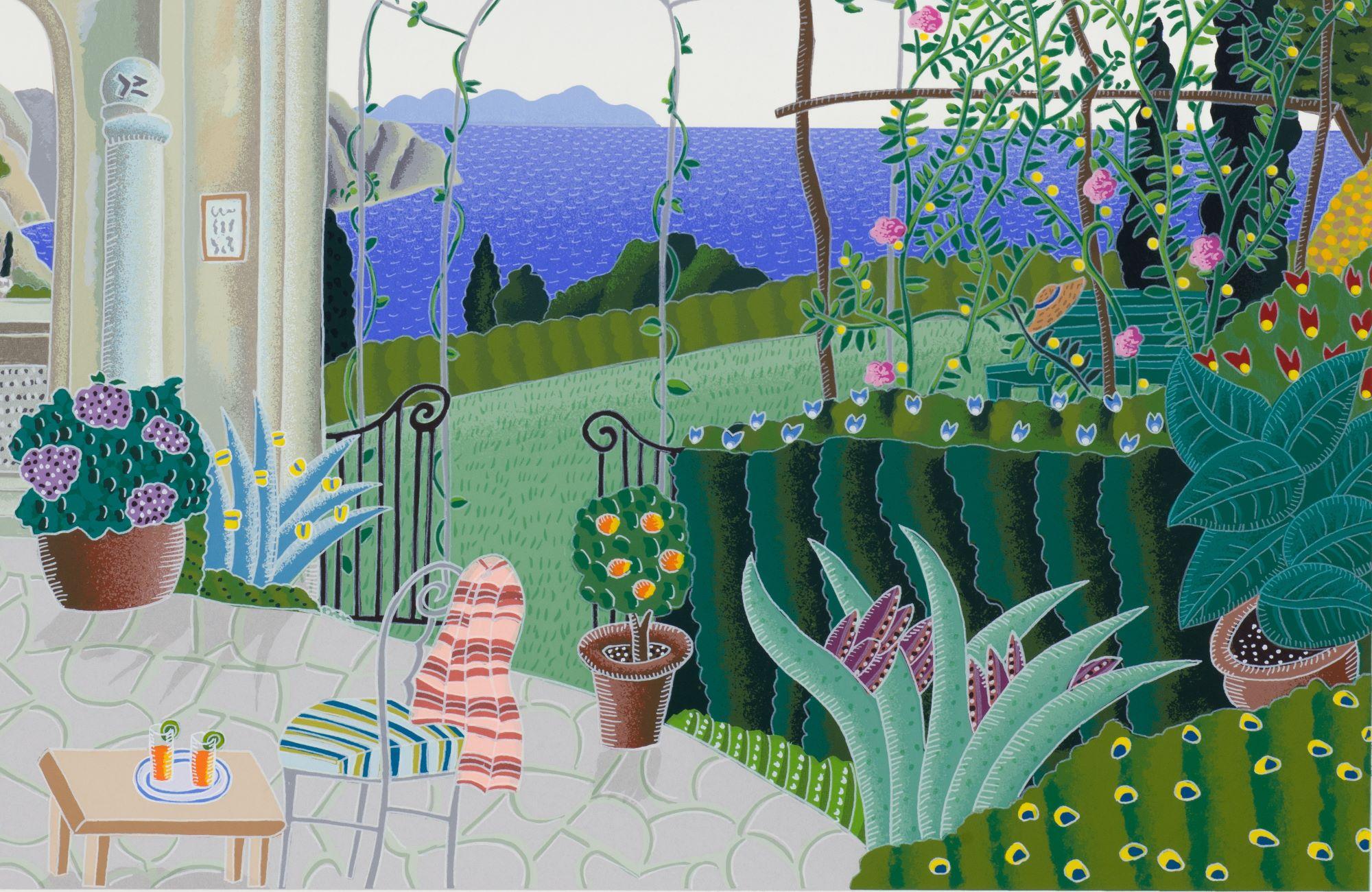 Il Giardino di Ravello della collezione Amalfi Coast è una serigrafia su carta con dimensioni di 16 x 18 pollici, firmata 