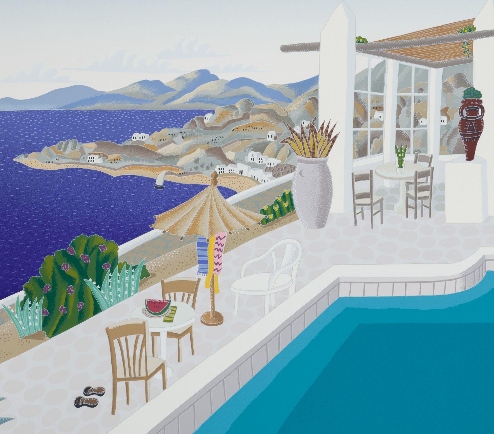 Sunset Hill - Mykonos is a serigraph on paper with an image size 20 x 36 inches, signed 'McKnight' lower right and numbered lower left. Framed in a contemporary black frame. Numbered AP 48/60 from the edition of (there were also ).

A mixture of